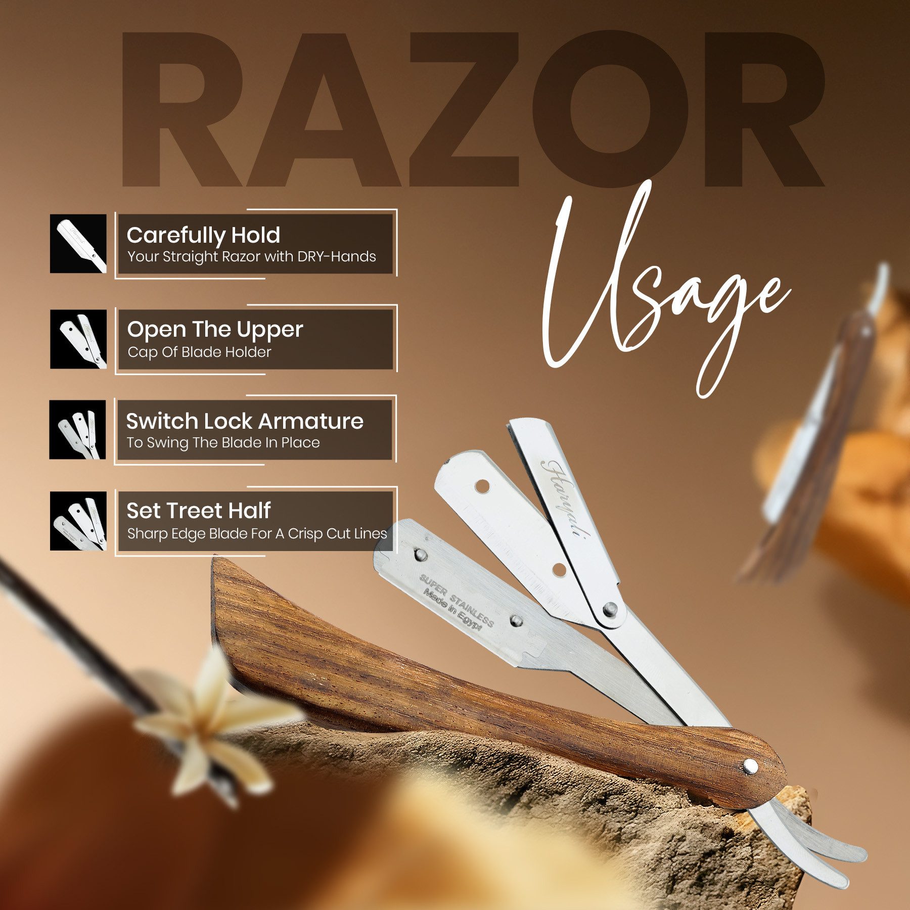 Haryali London Rasiermesser Premium Rasierer, Shavette, Holzrasierer, ergonomisch, pack, Rasierapparat mit Klinge und Holzoberfläche., Abwaschbarer, rutschfeste – Bild 4 von 5