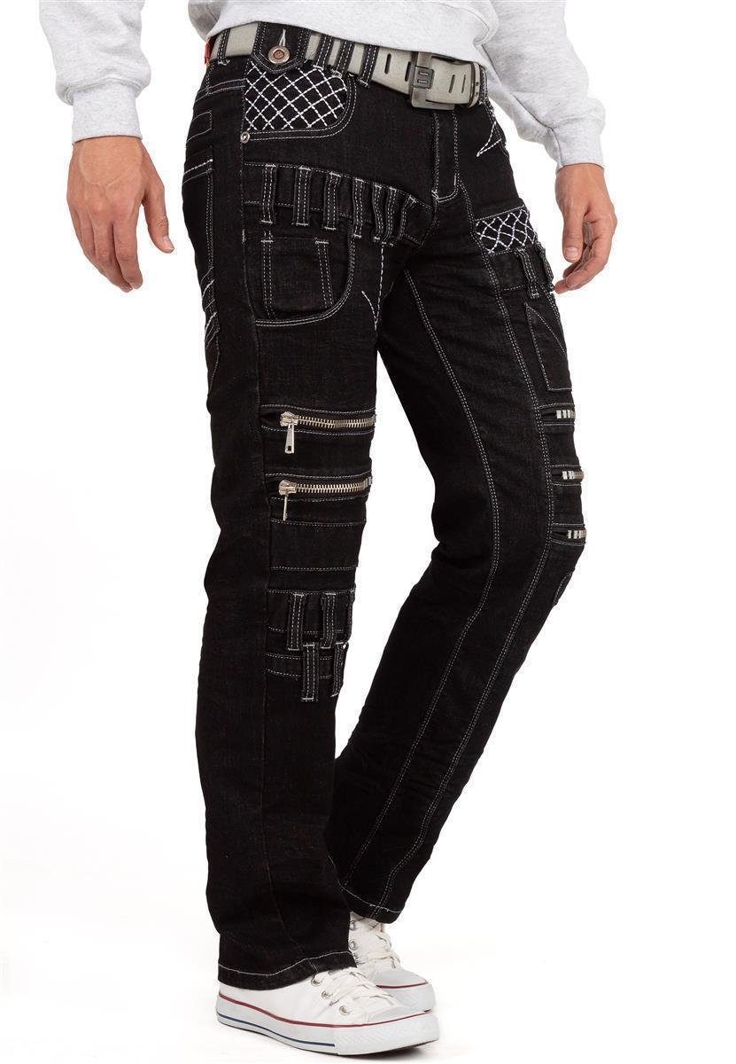 Hose Kosmo schwarz mit Lupo 5-Pocket-Jeans Applikationen BA-KM8006 Herren Auffällige Aufgesetzten