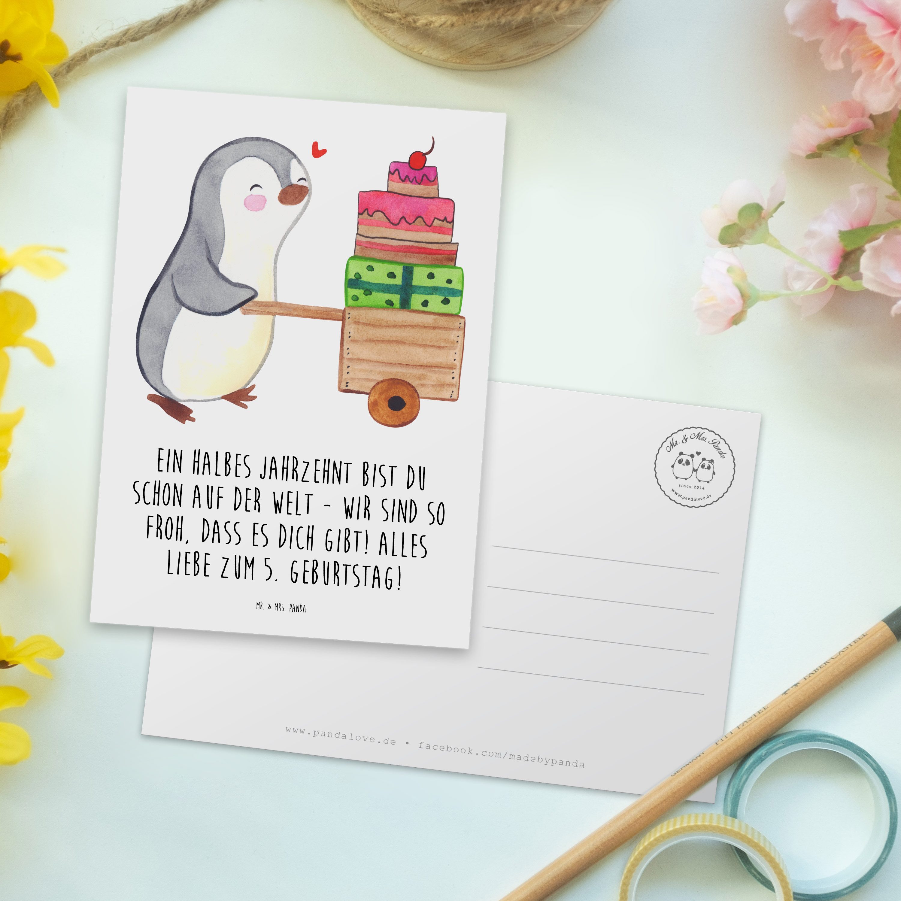 Mr. & Mrs. Panda Postkarte 5. Geburtstag Freude, Postkarte, Weiß, Alter, Glückwunsch, Geburtstag