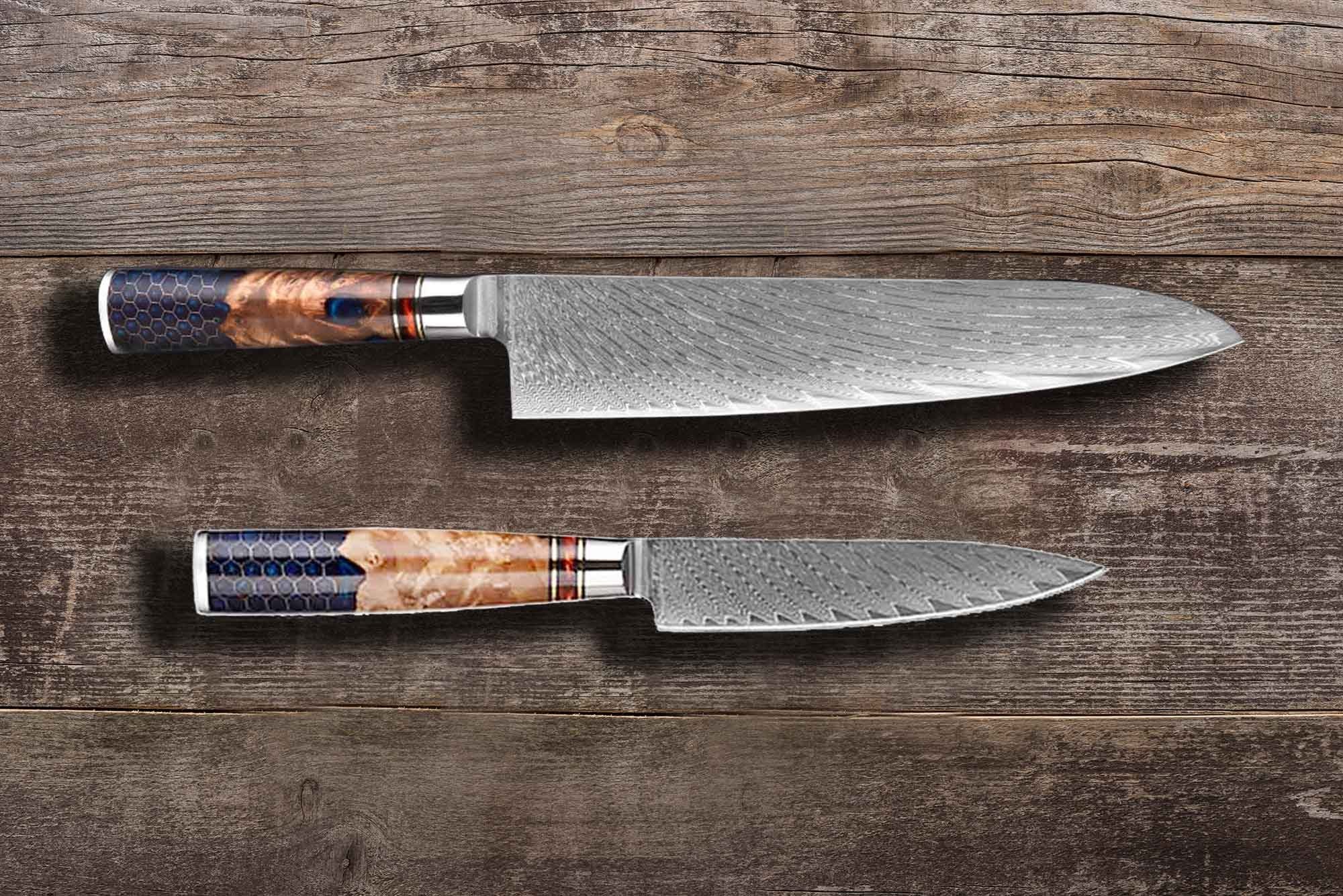 Muxel Santokumesser Damast Küchenmesser Set 2-tlg Kochmesser und Allzweckmesser Extrem, Jedes Messer ist ein Unikat