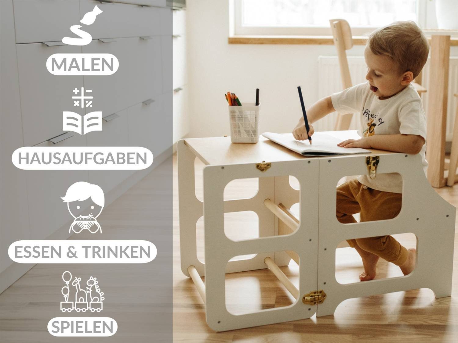 Möbel Babymöbel Sämann Kombihochstuhl Sämann Küchenturm 3 in 1 - Montessori Schemel aus