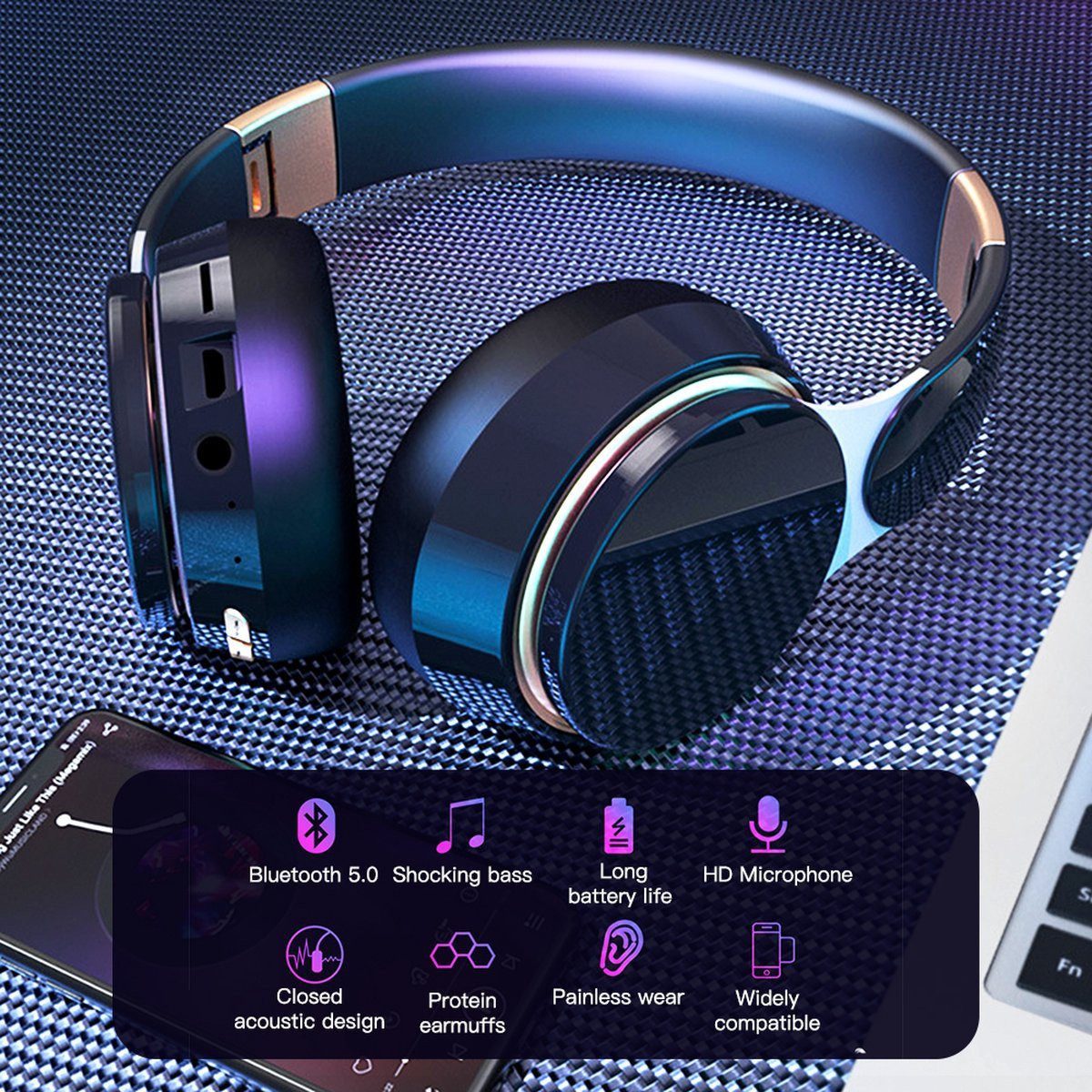 POPOLIC Kabelloser Kopfhörer, Noise-Cancelling-Headset Bluetooth-Kopfhörer (Kabelloses Over-Ear-Headset mit Stereo Bass, faltbar für Sport)