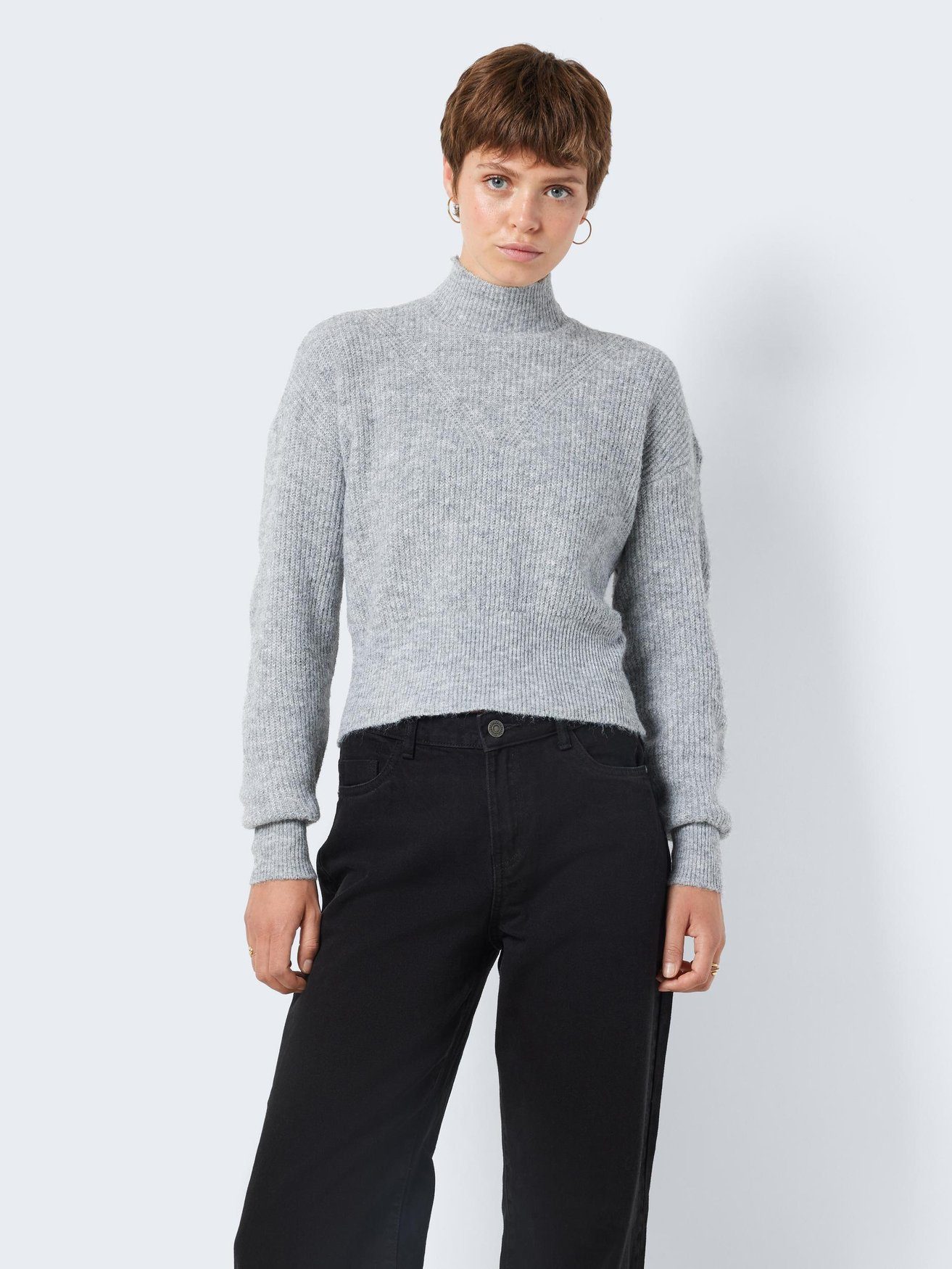 Noisy may Strickpullover Cropped Rippstrick Pullover Rundhals NMNELLA 6447 in Grau