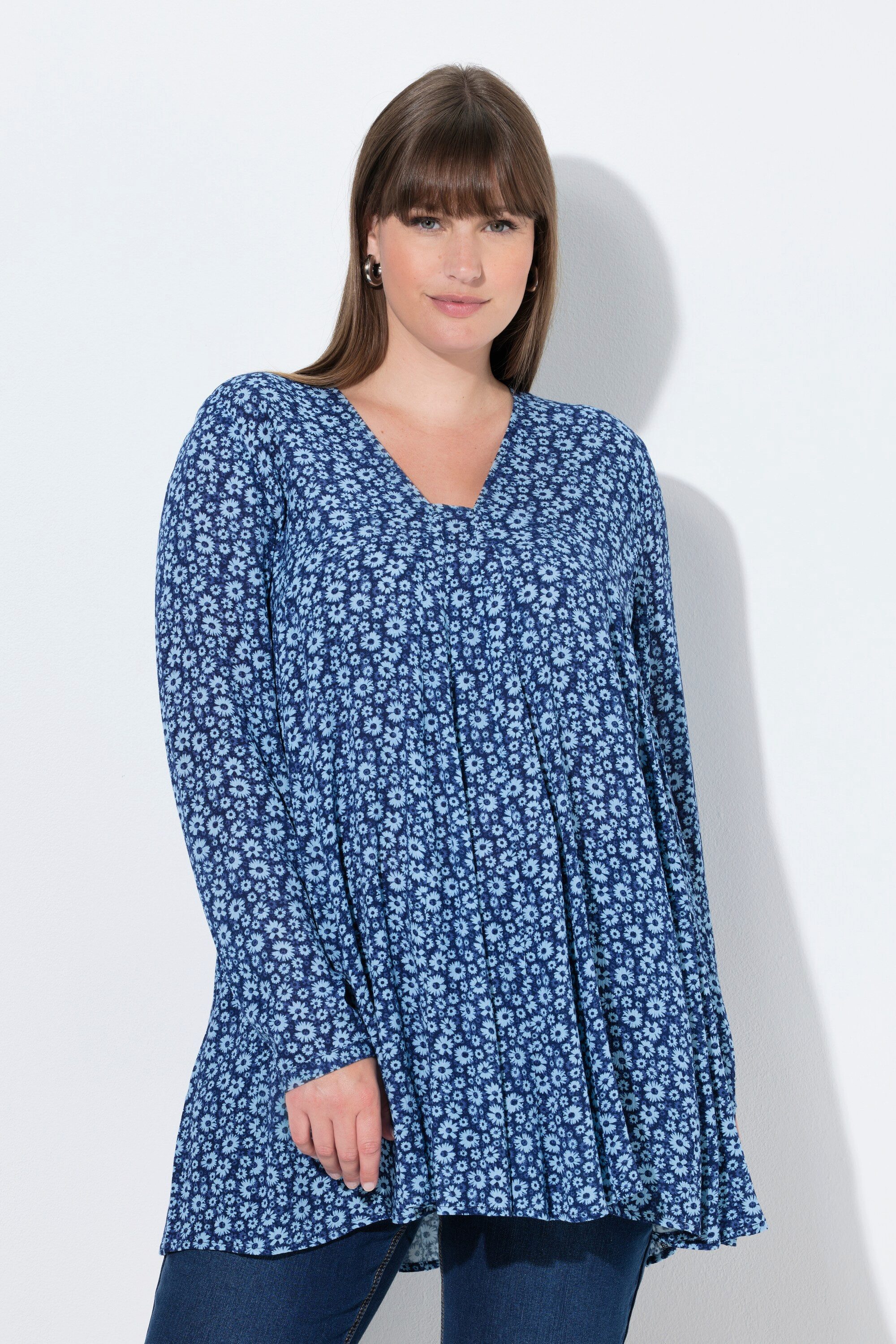Ulla Popken Longbluse Bluse Blüten A-Linie Carré-Ausschnitt Langarm