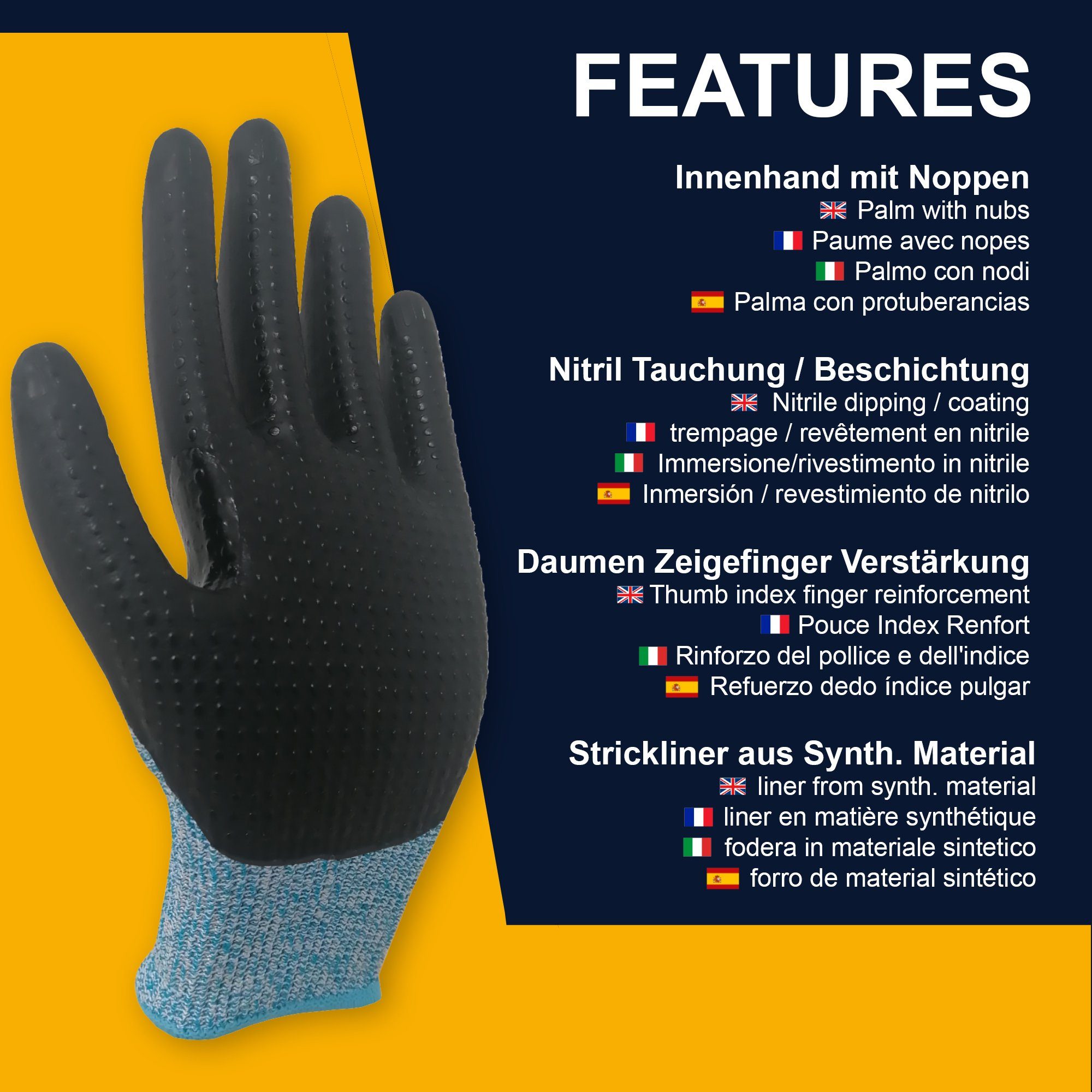 GUARD 5 Schnittschutzhandschuhe Nitril beschichteter Arbeitshandschuh mit Noppen (Art.11666G) (1-St) EN 388 – LEVEL 4