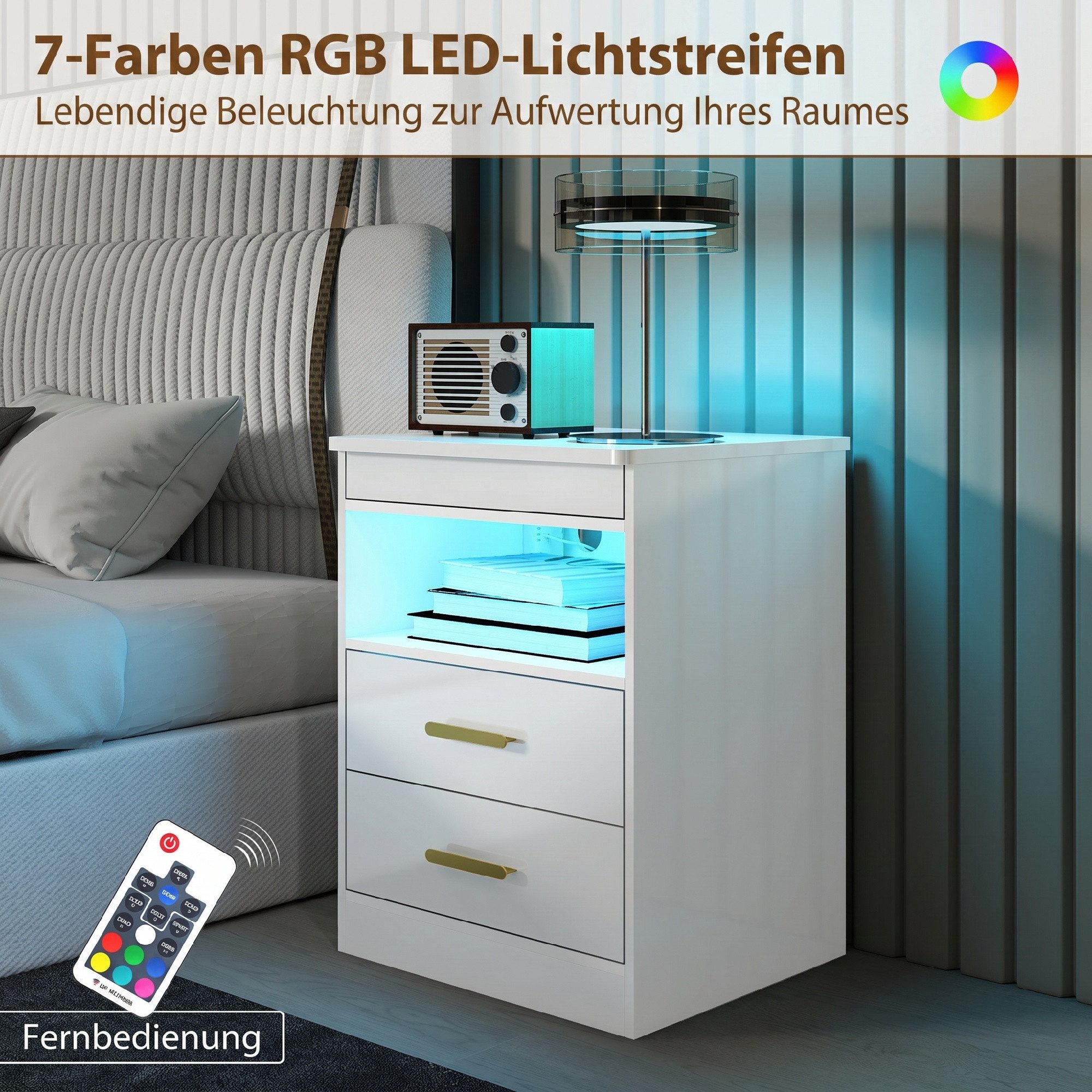 HOMCOM Nachttisch Beistelltisch Nachtschrank mit 2 Schubladen, 1 Offenem Fach (Nachtschrank, 1-St., 1 Tisch), mit Ladestation, RGB-LED, Hochglanzoberfläche – Bild 5 von 5