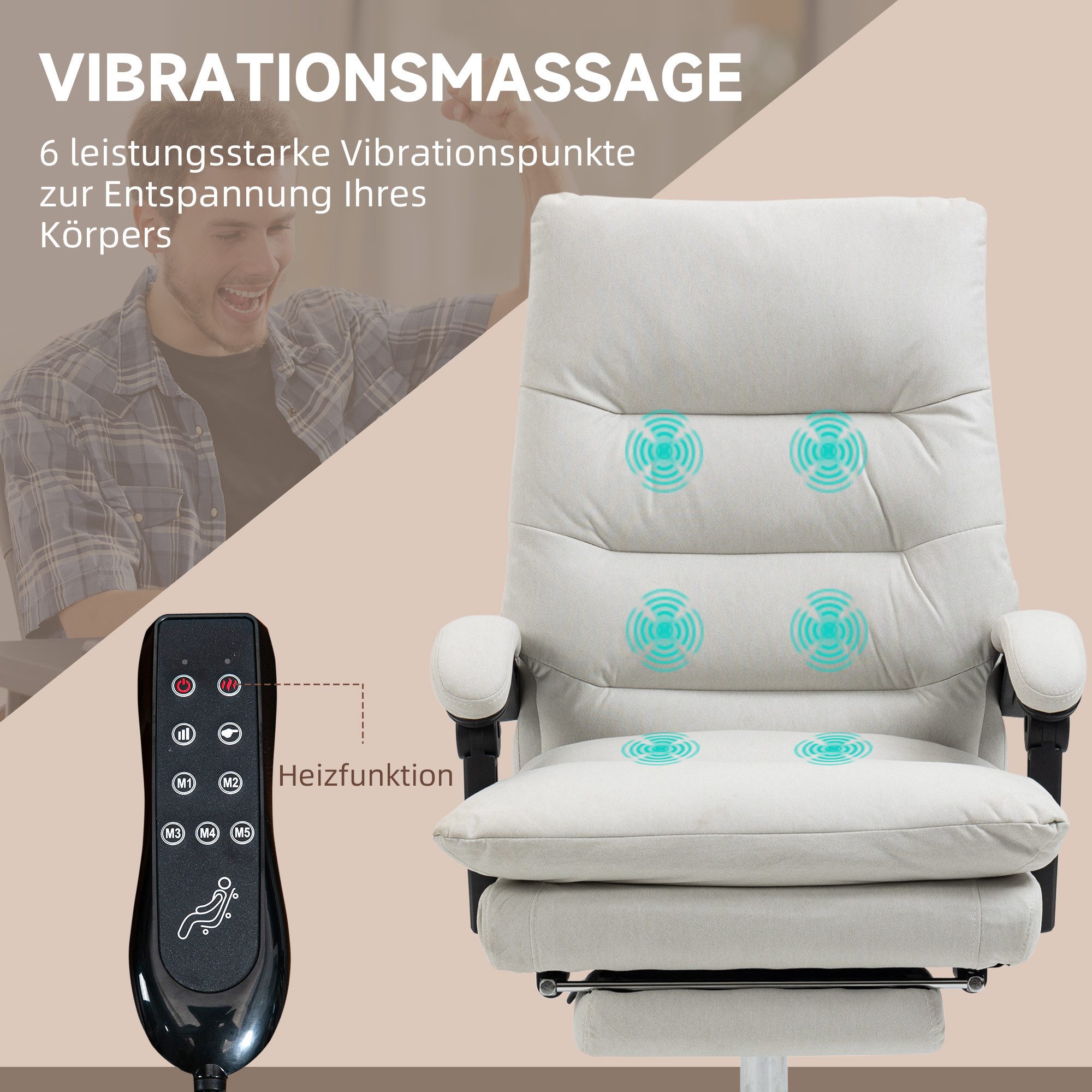 Vinsetto Schreibtischstuhl Ergonomischer Chefsessel Höhenverstellbar Computerstuhl Mikrofaser (Chefsessel, 1 St), 120 kg Belastbar, Beige – Bild 4 von 5
