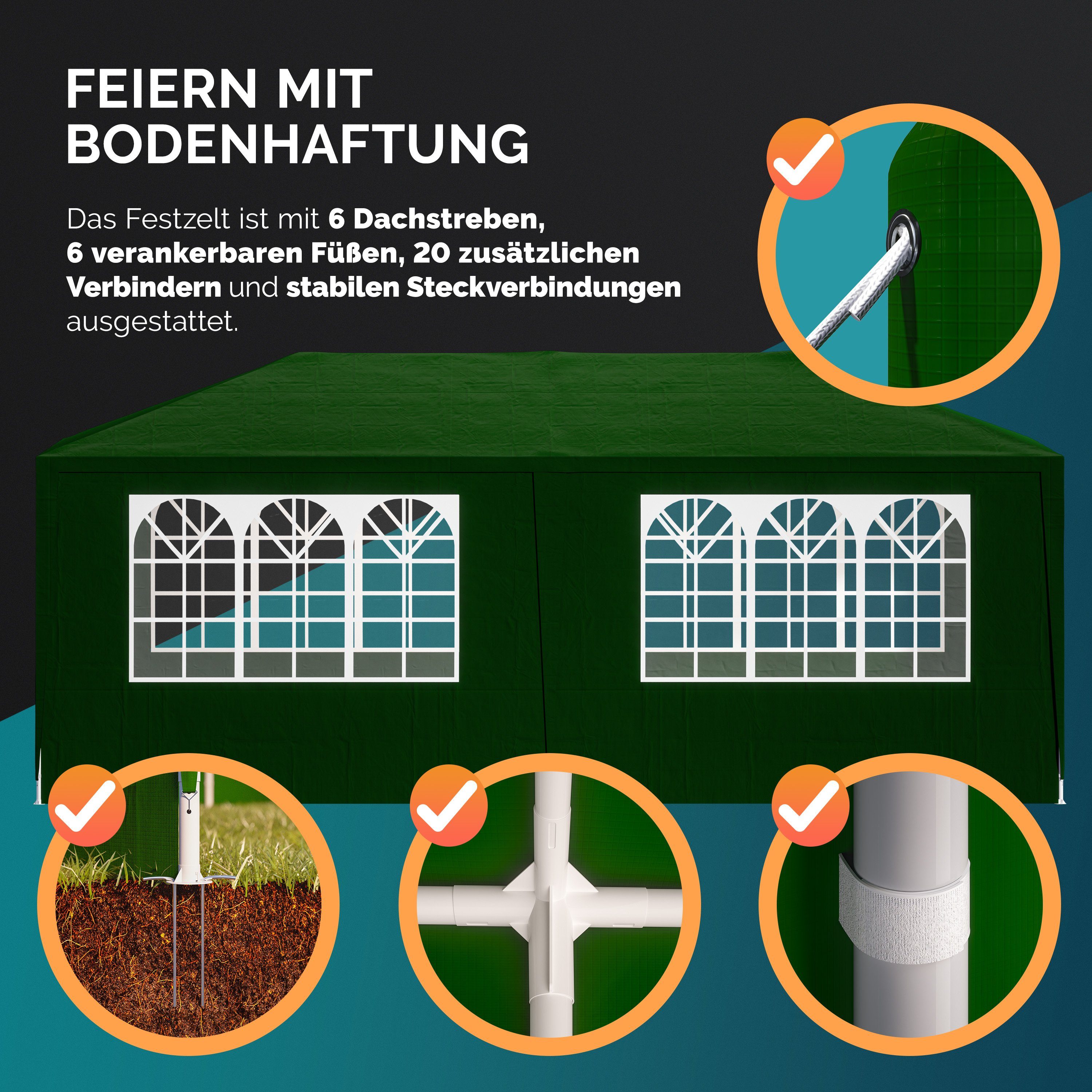 Casaria Partyzelt Rimini, grün 3x6m UV-Schutz 18m² Wasserabweisend 6 Seitenteile Pavillon