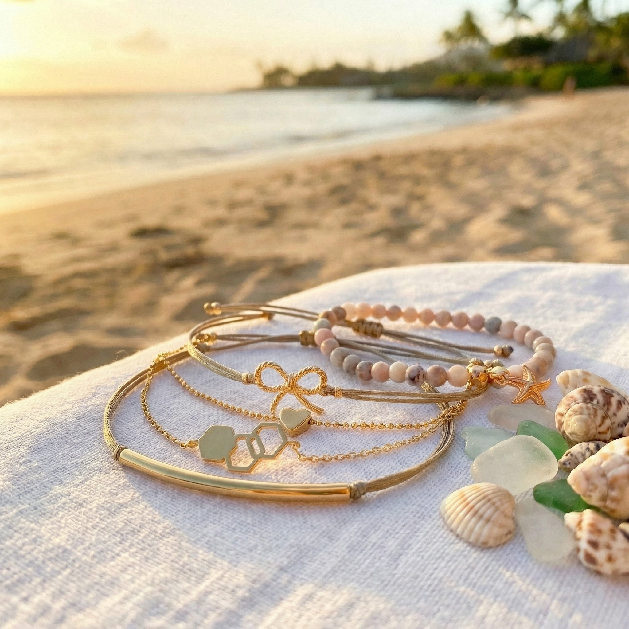 The Beauty House Armband Boho Vintage Armband Set mit Edelsteinen (mit Perlen Boho-Style), – Elegantes Layering Schmuck-Set in Goldoptik