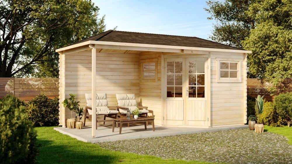 Alpholz Gartenhaus Holz 5-Eck Franz mit Anbau, BxT: 510x260 cm, in Naturbelassen mit 28mm Wandstärke