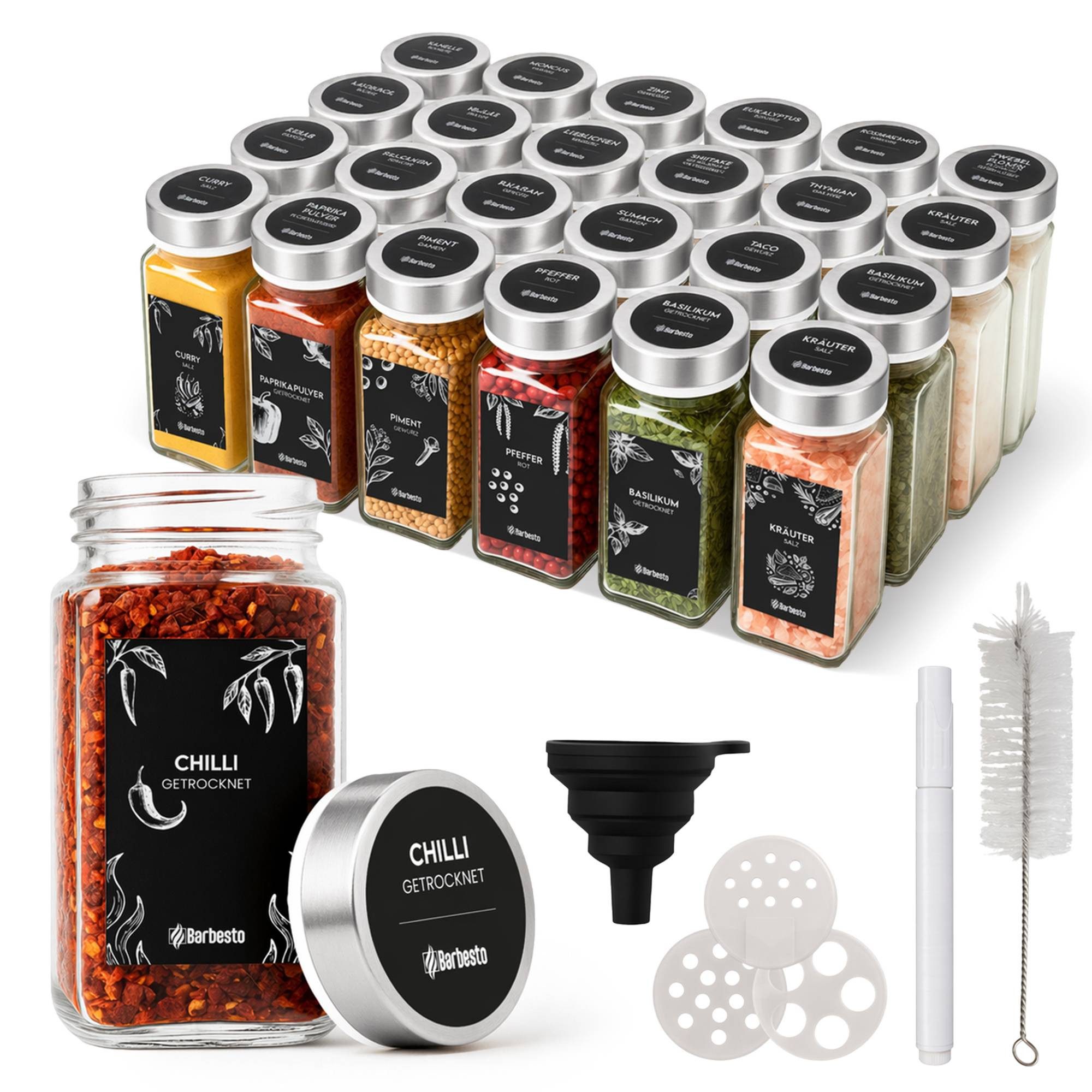 CLP Aufbewahrungsbox Gewürzgläser (Kombi Set), 24er Set je 120ml, mit Streueinsätzen und Etiketten
