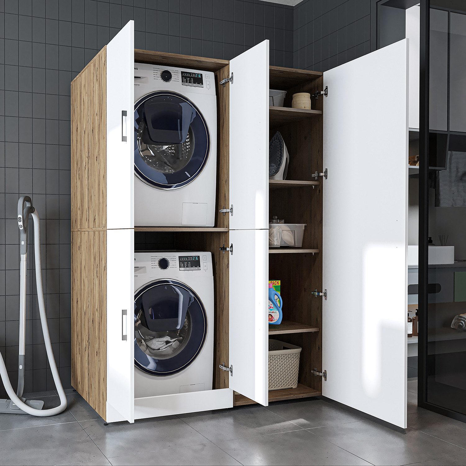 Roomart Waschmaschinenumbauschrank DORA 130 cm Waschmaschinenschrank + Hochschrank 60 cm, in 5 Farben (für Waschmaschine & Trockner mit Regalboden, Waschmaschinenschrank mit breitem Hochschrank – 2 Höhen) 130 kg Belastbarkeit, Hochschrank, links/rechts montierbar, in 5 Faren