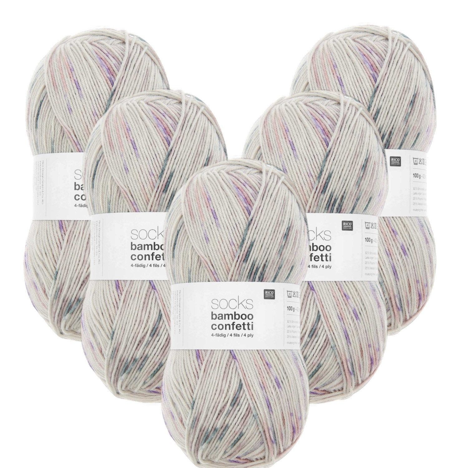 Rico Design 5 x Rico Socks Bamboo 4-fädig Häkelwolle, 420 m