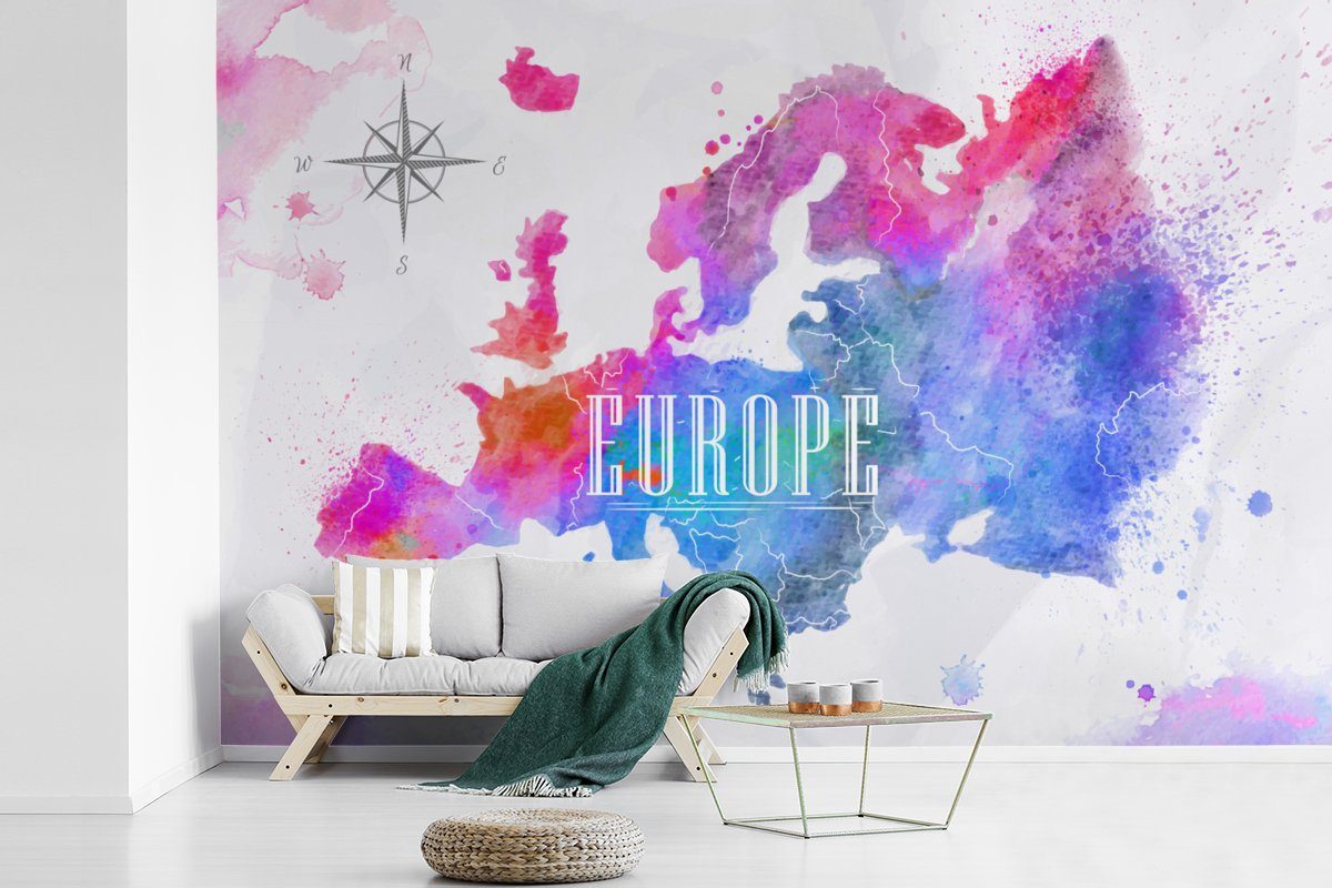 MuchoWow Fototapete Farben - Tapete Wallpaper Wasserfarben Vinyl bedruckt, Matt, für - Schlafzimmer, Wohnzimmer, (6 Europa, Kinderzimmer, St)
