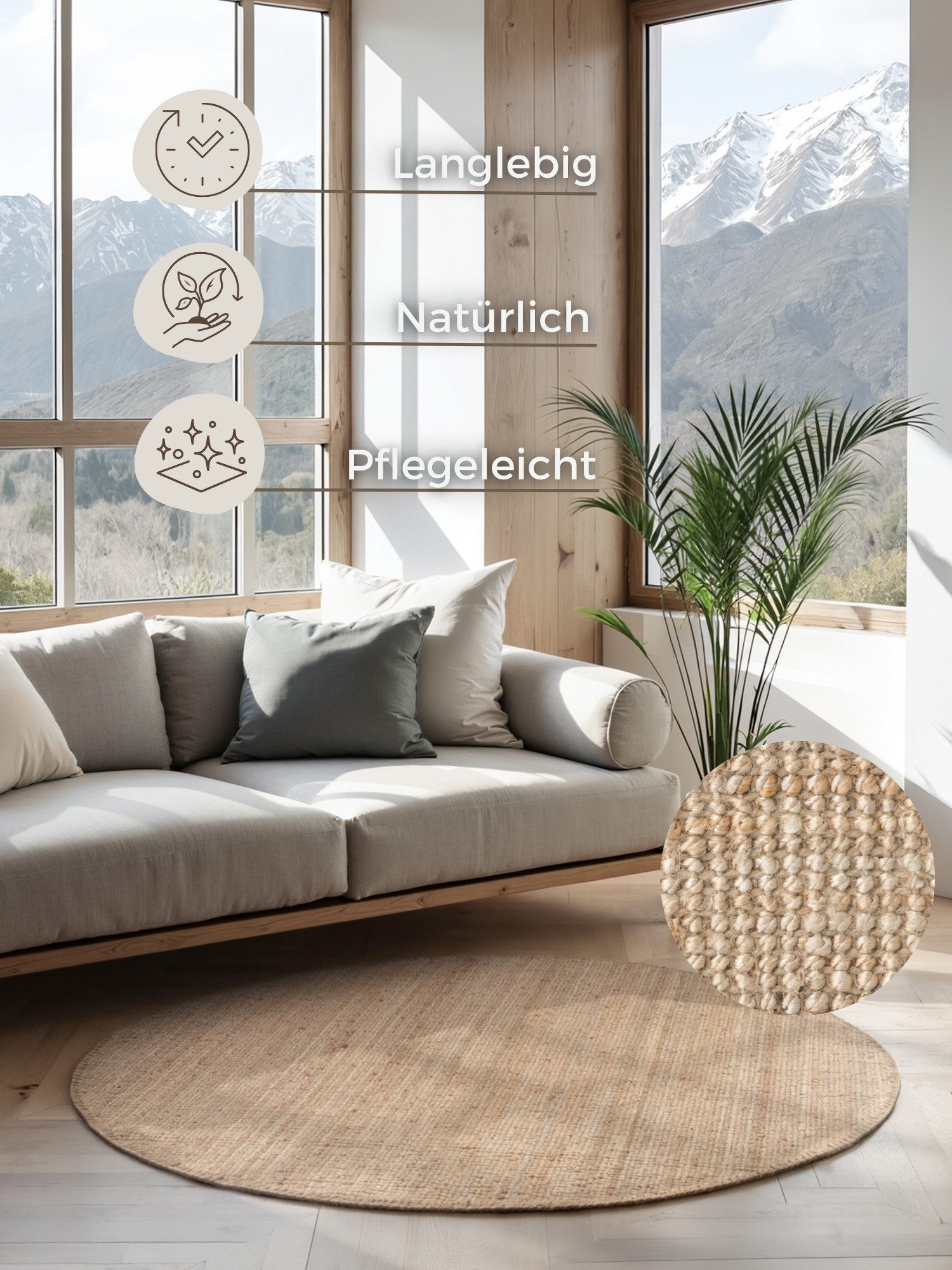 HANSE Home Teppich Jaipur Juteteppich, als Läufer und in Rund, rund, Höhe: 10 mm, 100% Naturfaser, Wohnzimmer, Esszimmer, Schlafzimmer, GRS