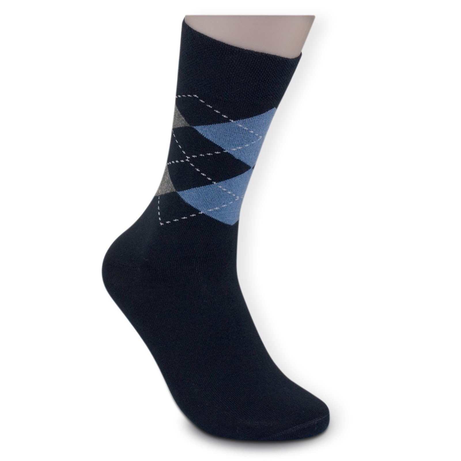 Die Sockenbude Freizeitsocken JACQUARD (Bund, blau) ohne Gummi 5-Paar, schwarz mit grau Komfortbund