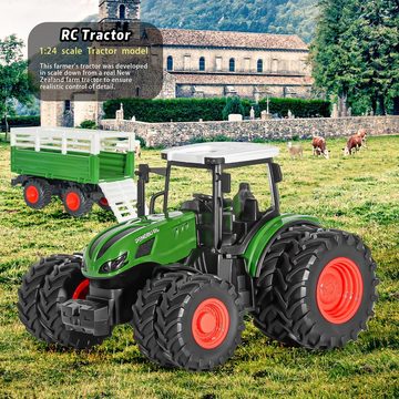 Esun RC-Traktor Ferngesteuerter Traktor Spielzeug ab 2 3 4 5Jahre, (Packung, Komplettset), Kuh, Schaf und Heuballen, Traktor mit Anhänger Spielzeug ab 2-5 Jahre