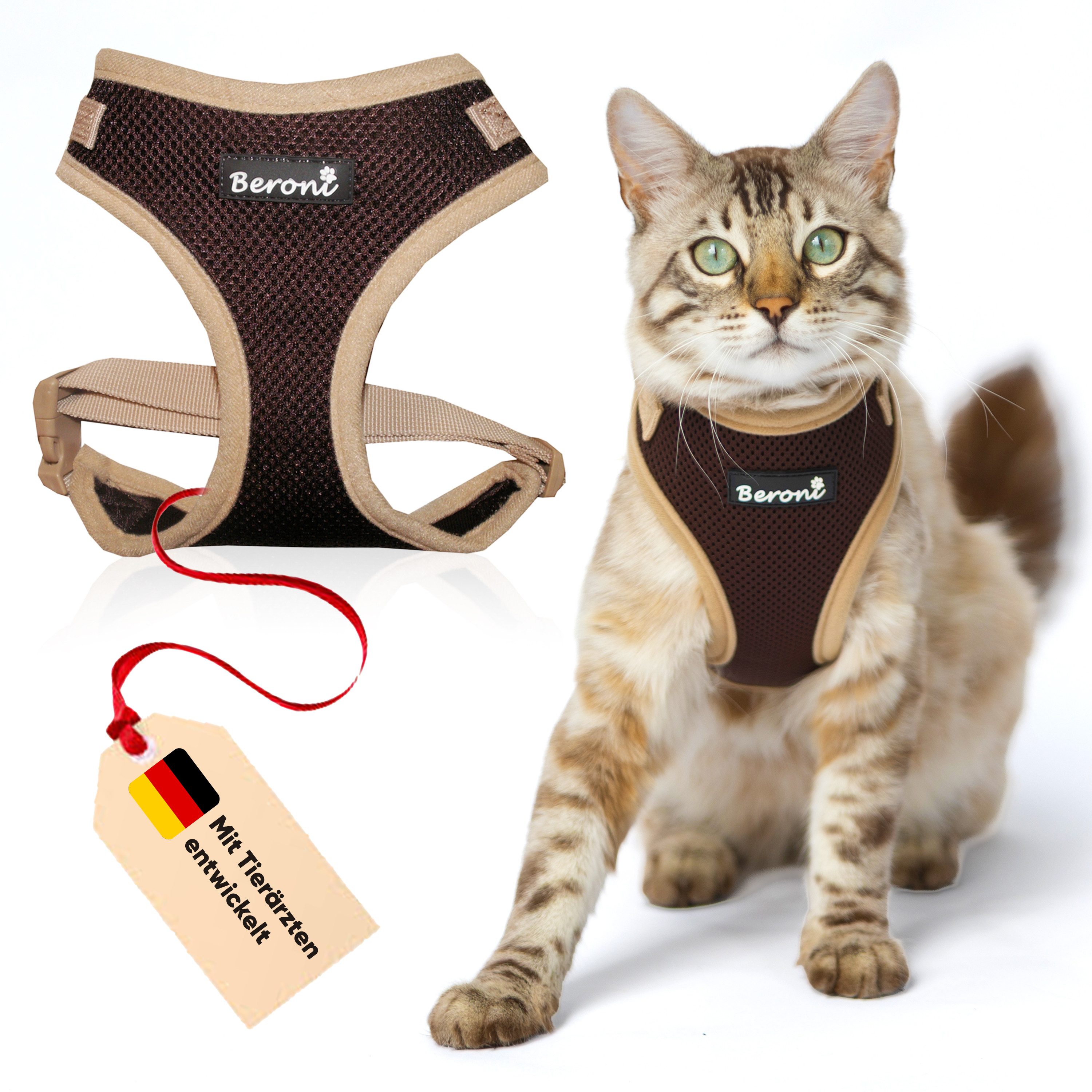 Beroni Geschirr Katzengeschirr für Katze Easy Walking 2.0 ausbruchsicher verstellbar, für große und kleine Katzen, Leine separat erhältlich, nicht über Kopf