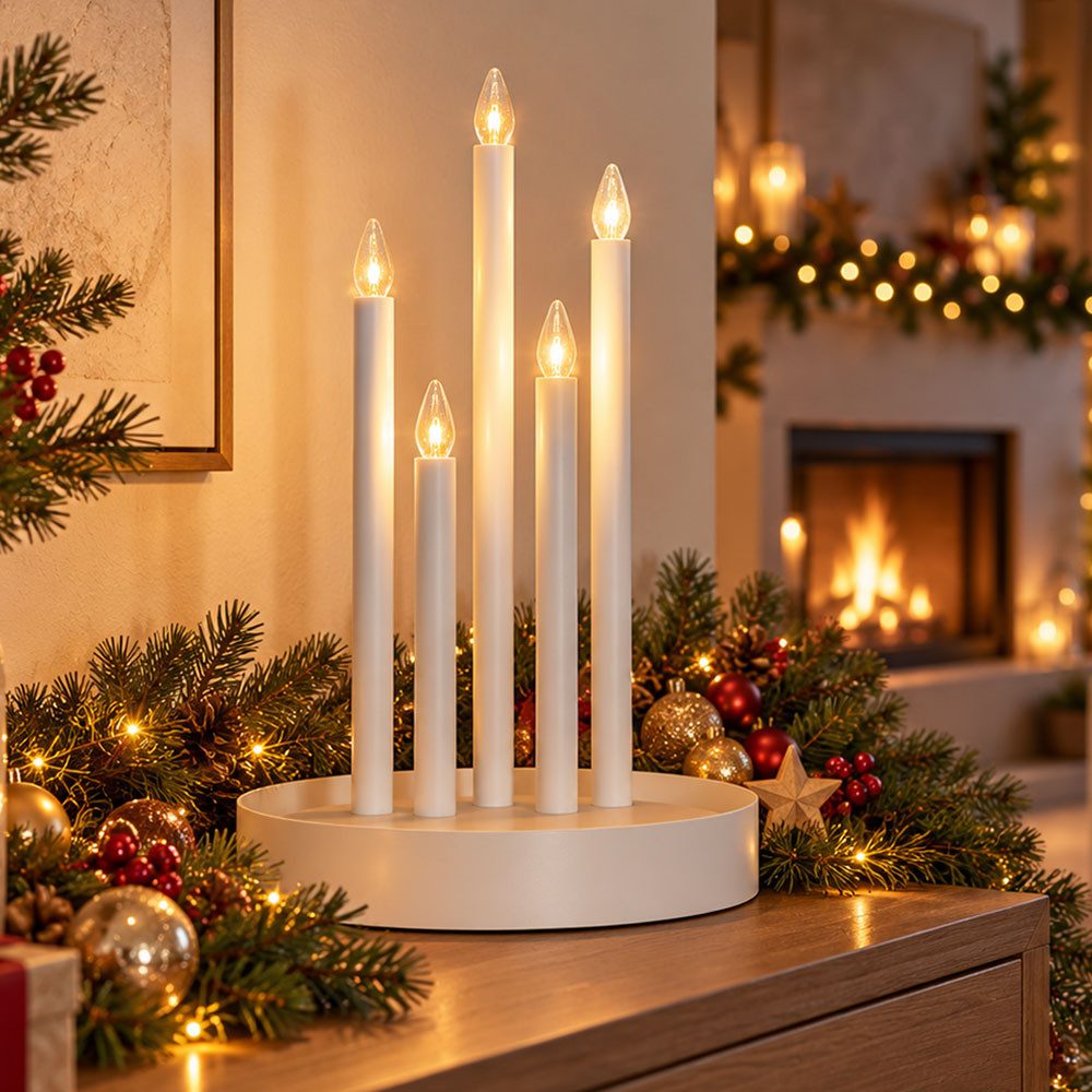 EGLO Dekolicht, Leuchtmittel inklusive, Warmweiß, LED Kerzenständer Weihnachten Weiß Stahl Dekolicht 5-Flammig H 46 cm