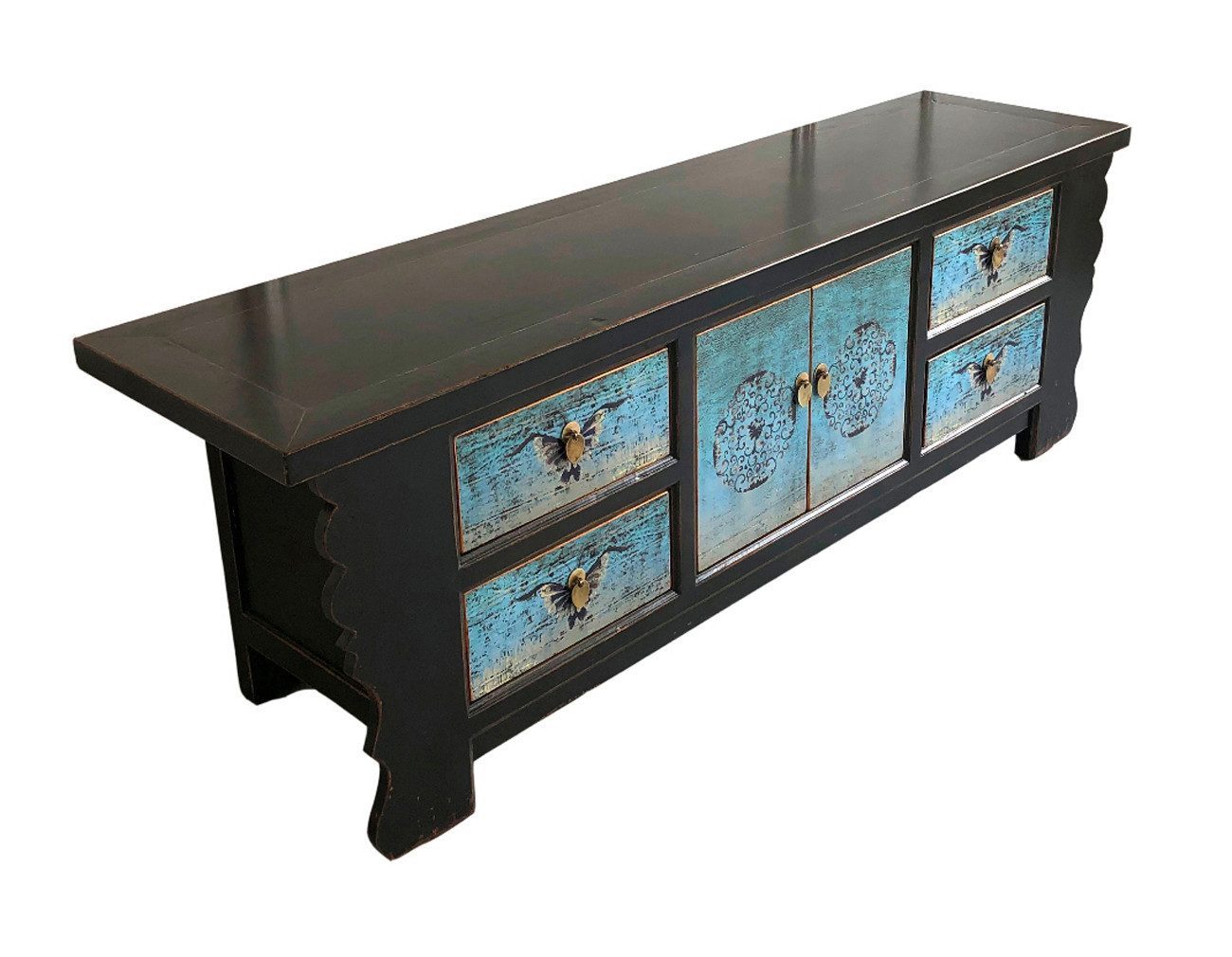 OPIUM OUTLET Kommode Kommode Schrank TV Asia Kommode Sideboard (schwarz-türkis, Breite x Tiefe x Höhe: 177 x 45 x 60 cm, Möbel komplett montiert, Hochzeitsschrank Vintage Landhaus-Stil), asiatisch chinesisch orientalisch fernöstlich
