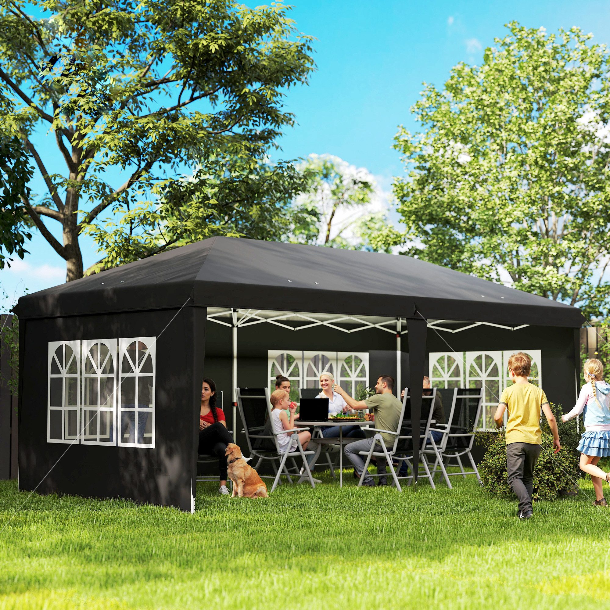 Outsunny Faltpavillon Partyzelt, Gartenpavillon mit UV-Schutz, Oxford, inkl. Tragetasche, mit 4 Seitenteilen, (Faltbar Partyzelt, inkl. Tragetasche), für Garten, Balkon, Schwarz