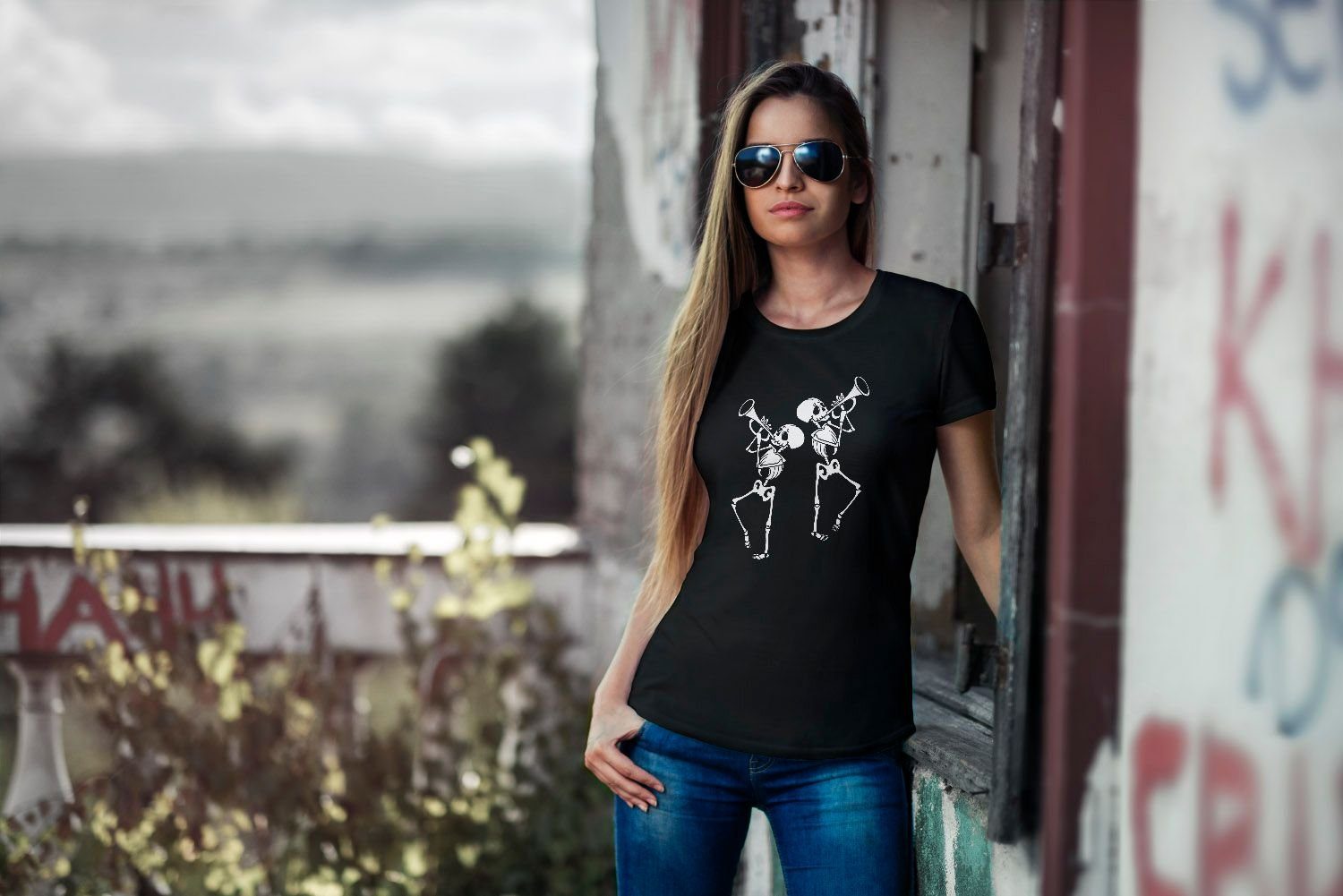 MoonWorks Print-Shirt Damen T-Shirt Spooktober Skeletons Skelette Trompete Slim Fit Moonworks® mit Print