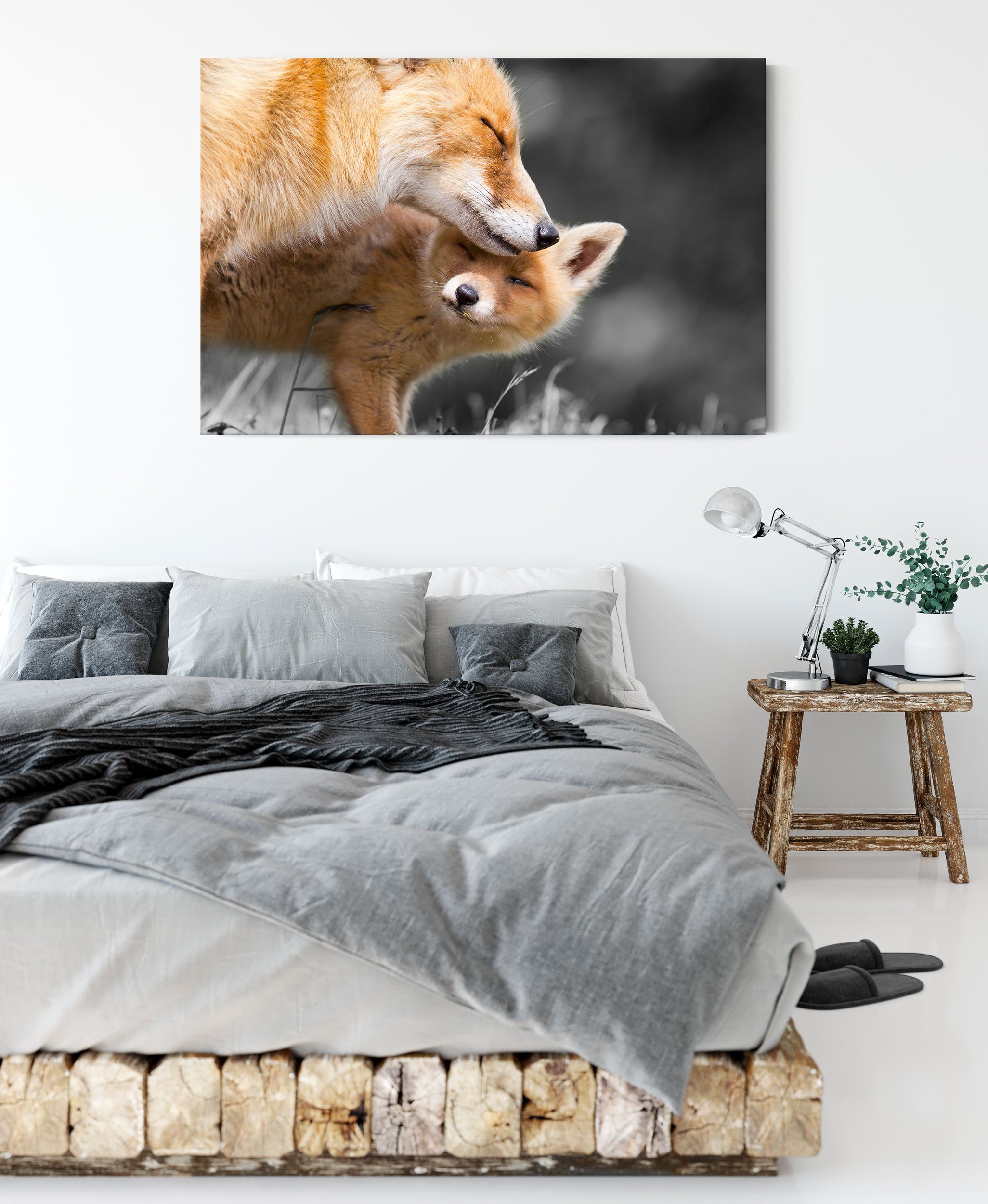 Leinwandbild süße Pixxprint St), Füchse inkl. süße bespannt, (1 fertig kuschelnden Leinwandbild Zackenaufhänger Füchse, kuschelnden