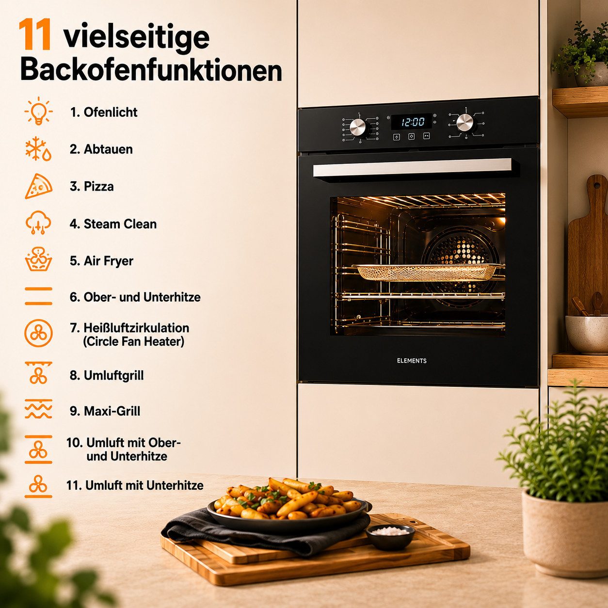 KB Elements Induktions Herd-Set KB-ELEMENTS Herdset Backofen 60cm, Kratzfestes Induktionskochfeld 60cm, Air Fry, Steam Clean, Kratzfeste Oberfläche, EU-Stecker