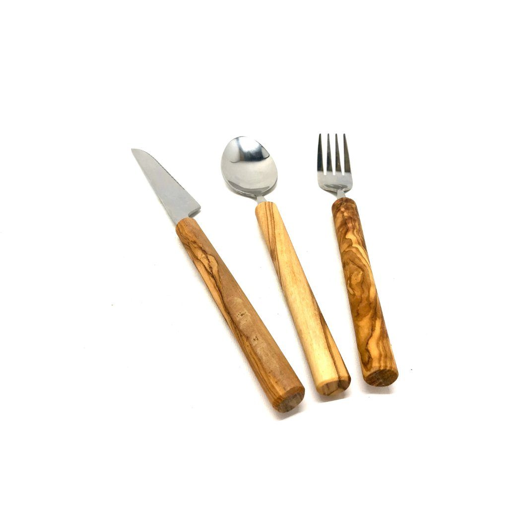 Olivenholz-erleben Besteck-Set Essbesteck Edelstahl mit Griff aus Olivenholz (3er Set) (1-tlg), 1 Personen, Olivenholz und Edelstahl, Stilvolles Besteck-Set mit Olivenholzgriffen – ideal zum Verschenken