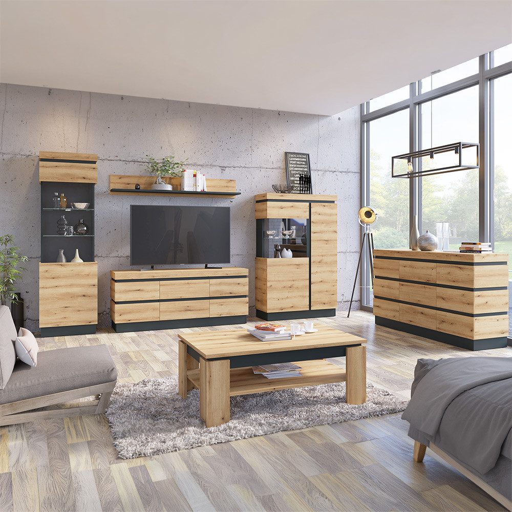 Lomadox Wohnzimmer-Set COLCHESTER-129, (Mega-Spar-Set, 6-St., Couchtisch Highboard Lowboard Sideboard Vitrine Wandregal), in Eiche inkl. LED-Beleuchtung, grifflos, modern