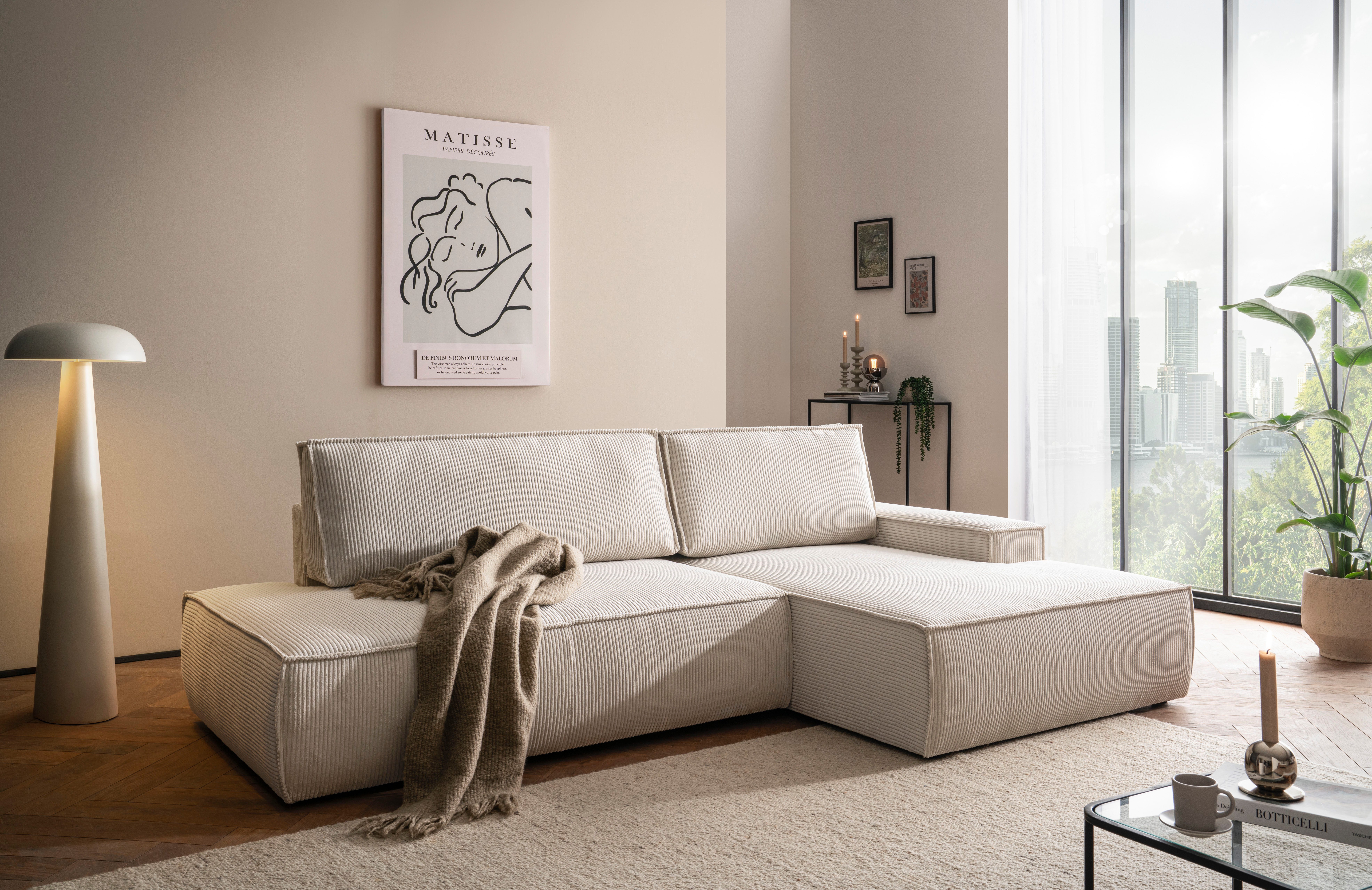 OTTO home Ecksofa SHERWOOD Cord Schlafsofa in L-Form offen (275cm), Schlaffunktion und Bettkasten, Kedernaht, hoher Sitz- & Liegekomfort