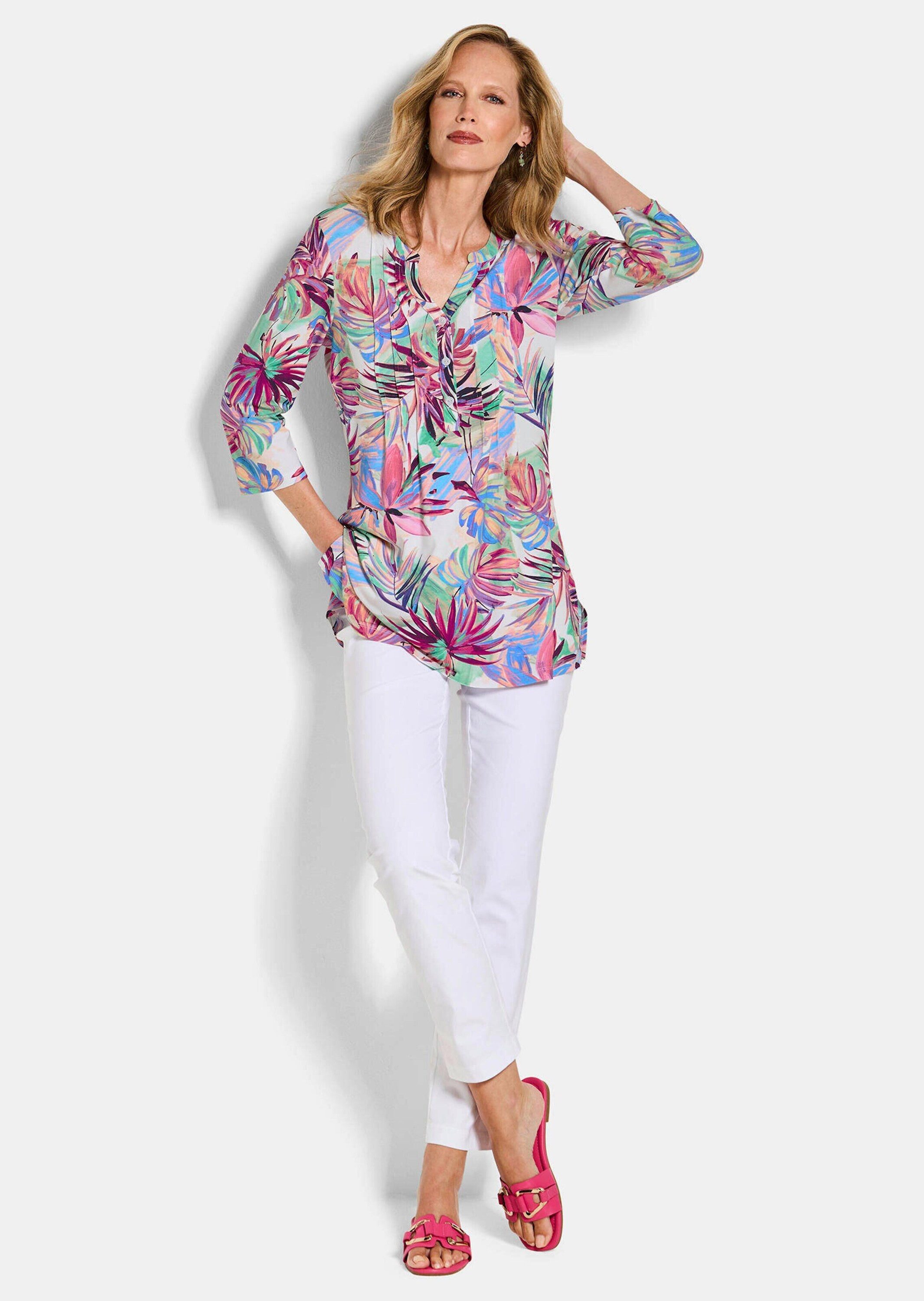 GOLDNER Tunika Sommertunika mit Palmenmuster Viskosebluse mit V-Ausschnitt, günstig online kaufen