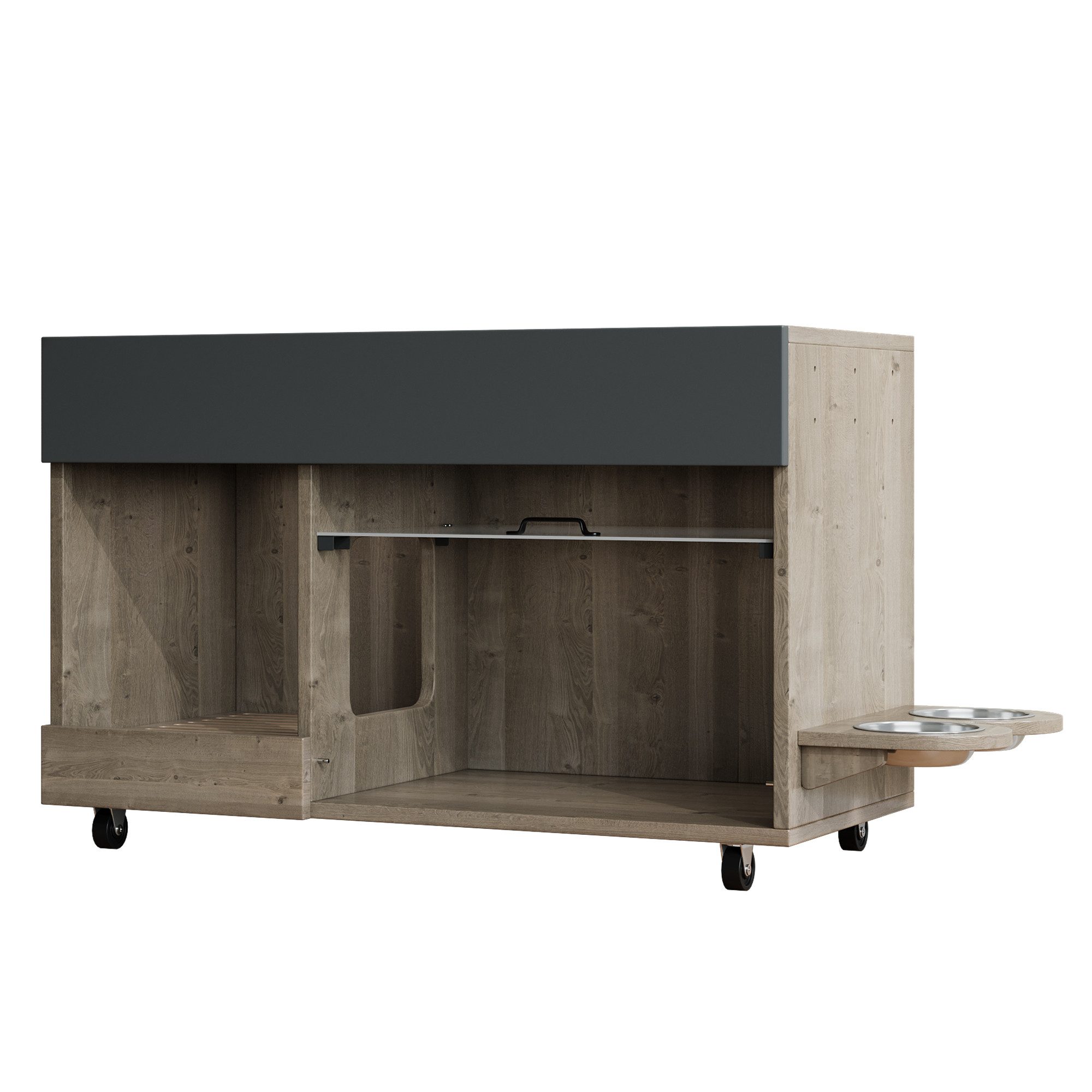 Flieks Mehrzweckschrank bewegbar Katzenkloschrank mit Futternäpfe und Sandauffangschale (100×45,5×67 cm, 1-St) Katzentoilettenschrank mit Rollen, Acryltür und Lochplatte Holzoptik