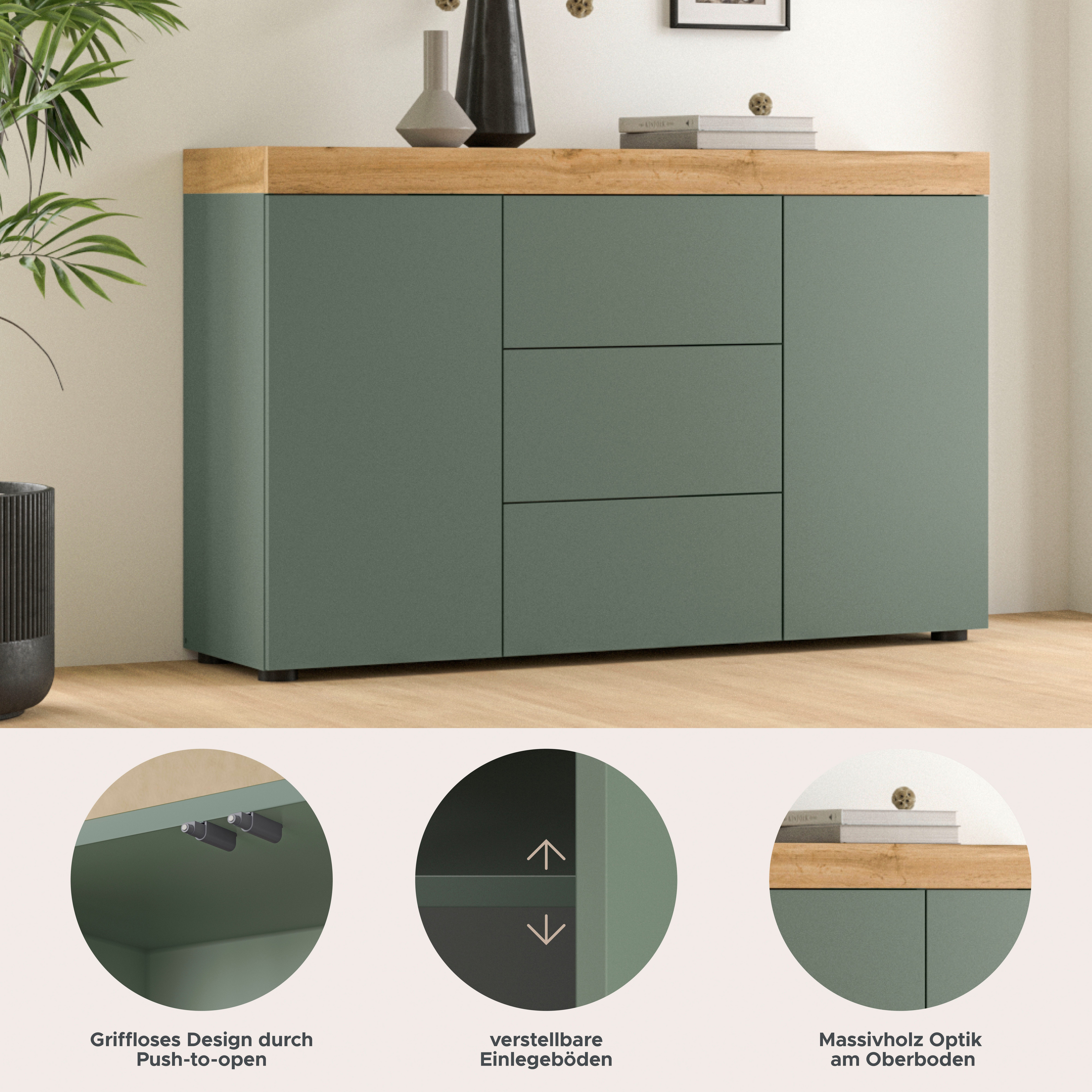 OTTO home Sideboard MAMBO, TOPSELLER!, Breite 125cm, 2 Türen, 3 Schubkästen, push-2-open (1 St., 2 farbige Ausführung, in verschiedenen Farben erhältlich), Sideboard, Kommode, Wohnzimmer, Flur, Arbeitszimmer