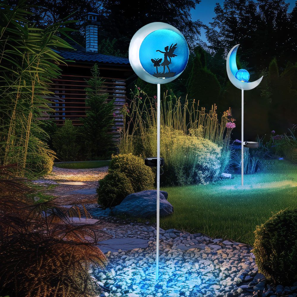 Globo LED Außen-Stehlampe, LED-Leuchtmittel fest verbaut, Warmweiß, LED Solarleuchte Stecklampe Mond Fee Erdspieß blau silber 2er Set