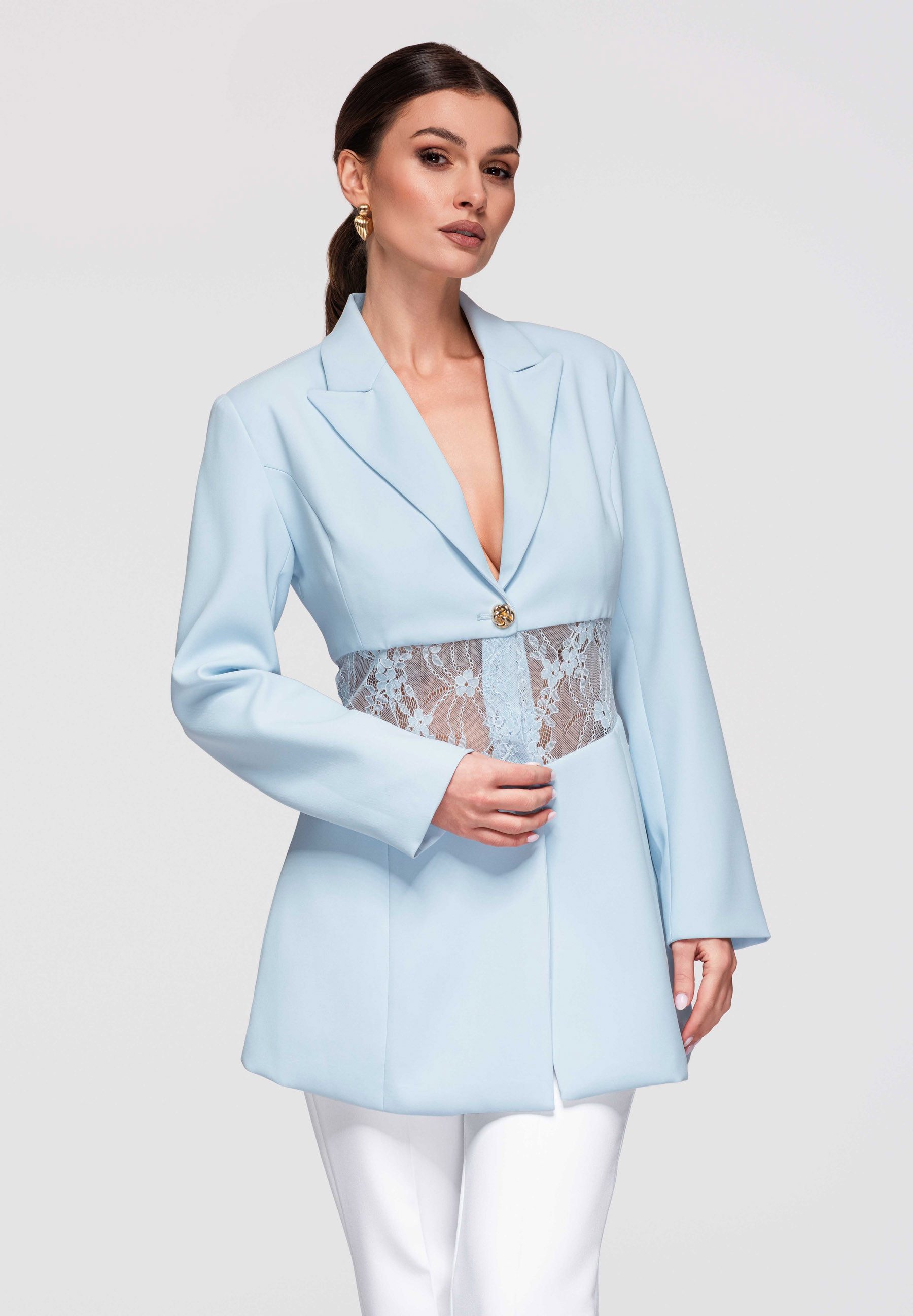OMBRE Longblazer Damen Blazer Tailliert Spitze Elegant Blau M (kein Set, 1-tlg) Taillierter Schnitt, Koronkowy panel