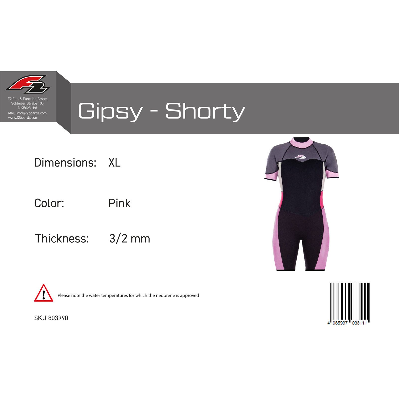 F2 Neoprenanzug F2 Damen Neopren Anzug Gipsy - Shorty 3/2 mm XL Pink