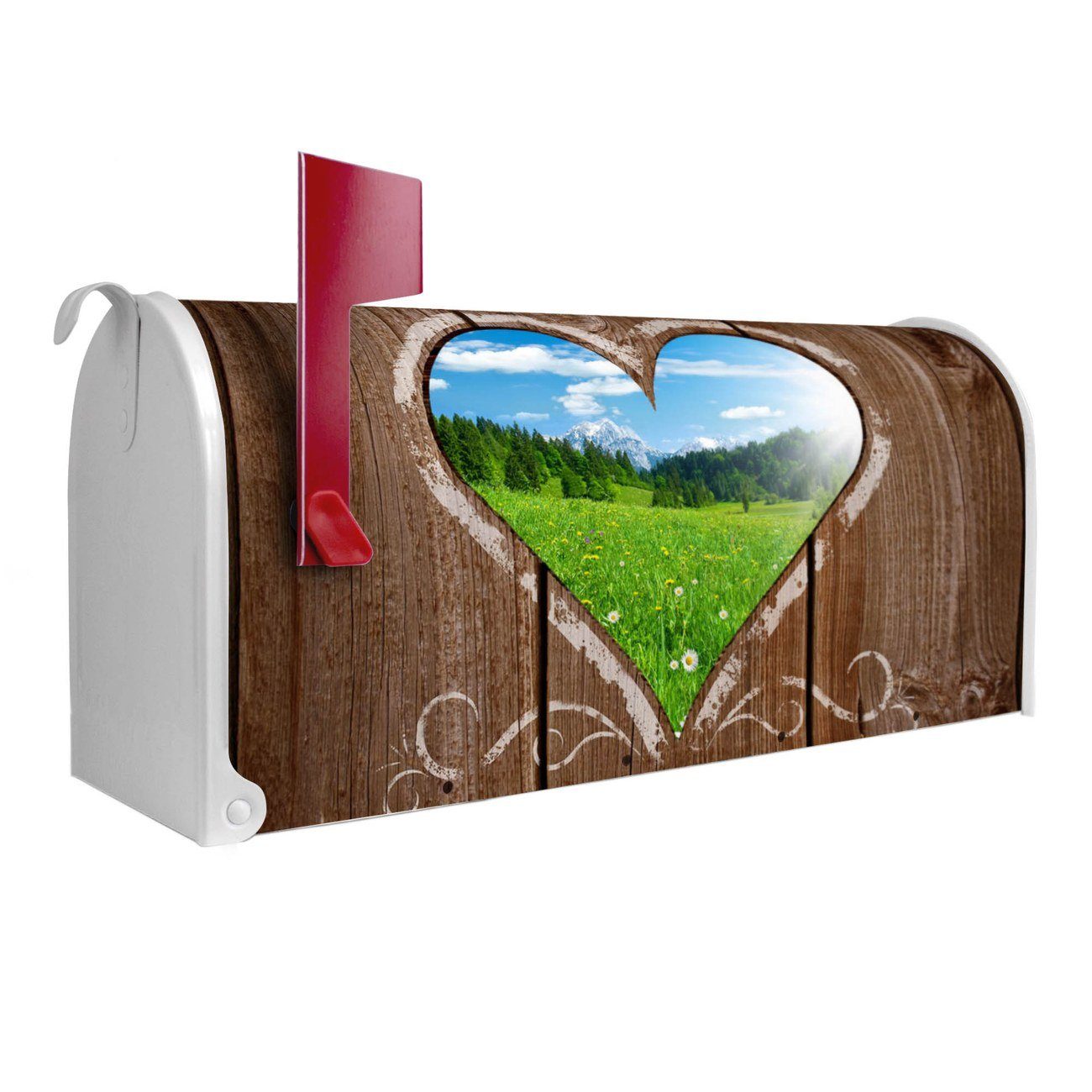 banjado Amerikanischer Briefkasten Mailbox Ausblick mit Herz (Amerikanischer Briefkasten, original aus Mississippi USA), 22 x 17 x 51 cm weiß