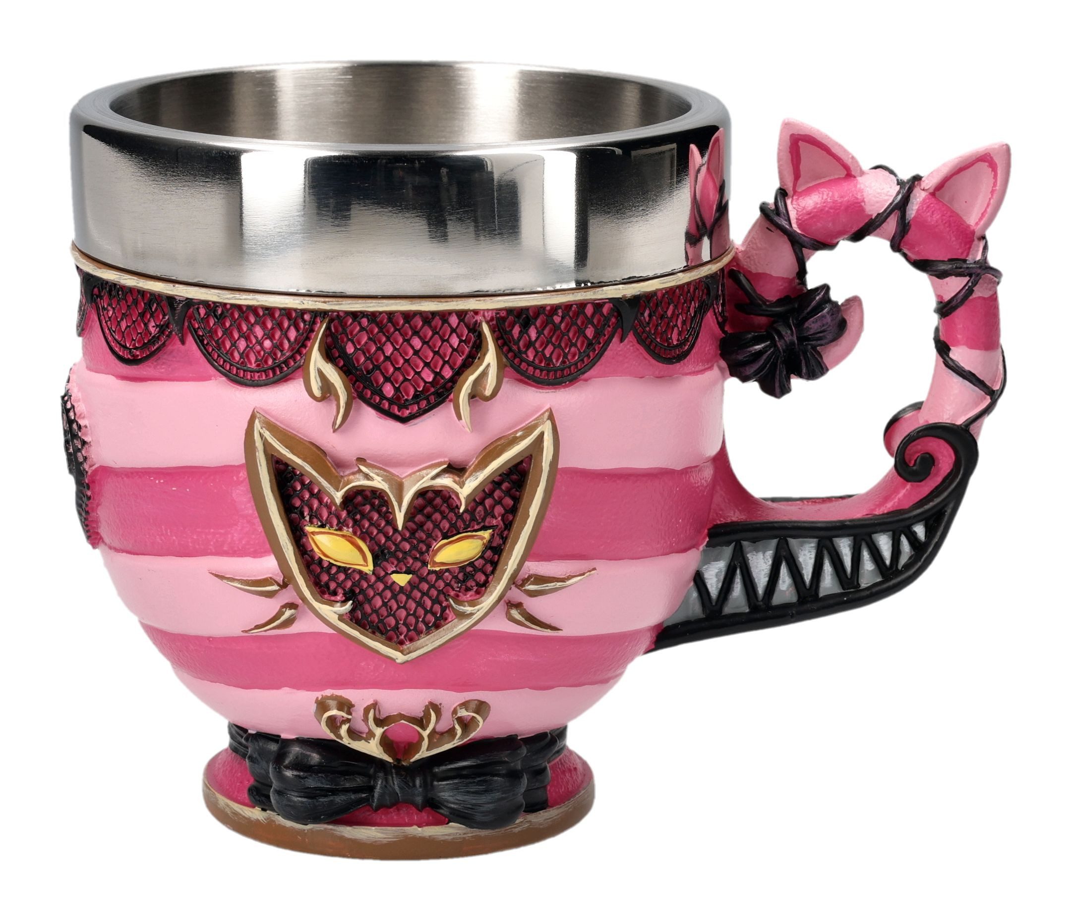 Figuren Shop GmbH Tasse Alice im Wunderland Tasse – Grinsekatze Kaffeetasse Fantasy 11 cm Deko, Kunststein (Polyresin), Edelstahl