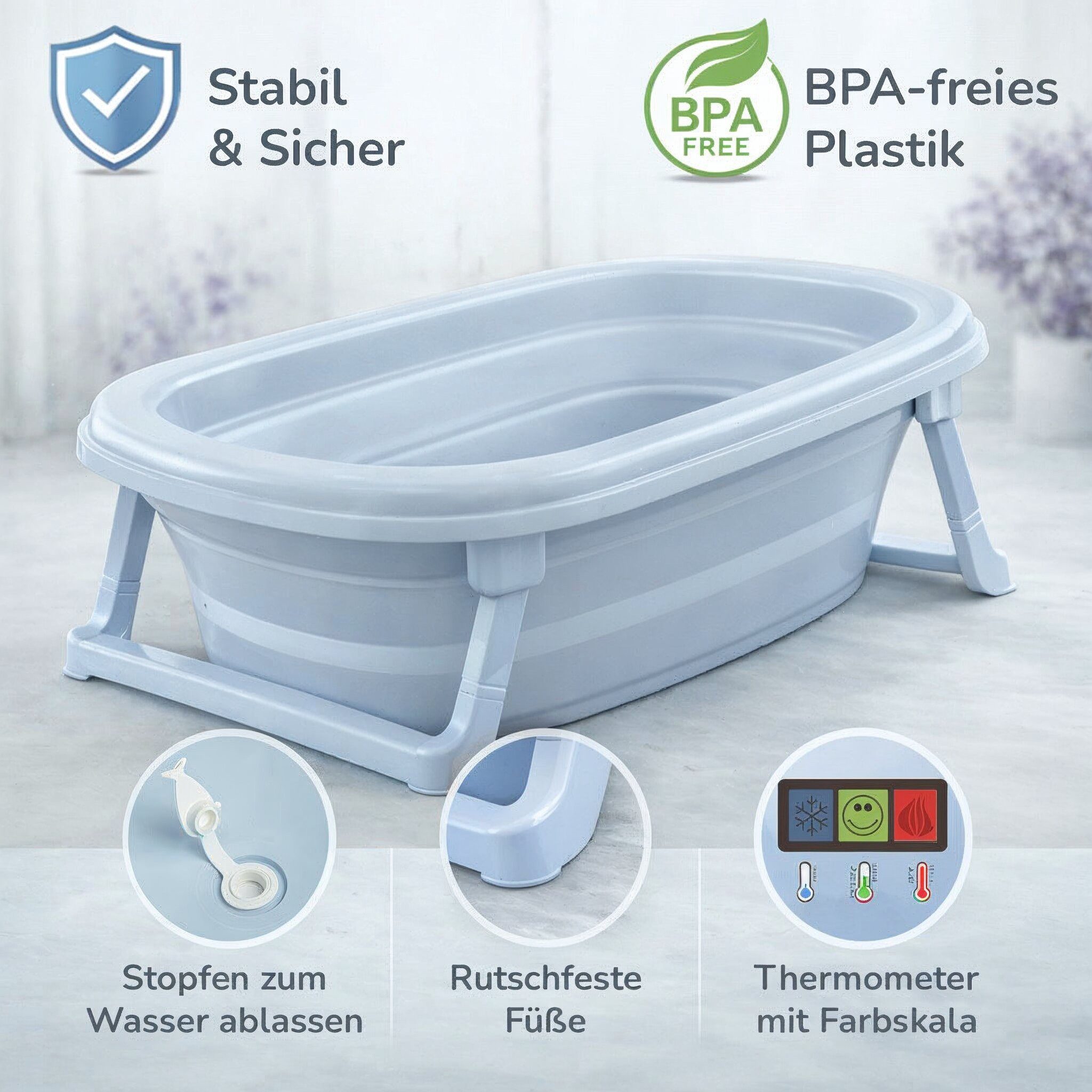 Babykajo Babybadewanne, (1-tlg), Faltbare Babybadewanne mit integriertem Thermometer und Abfluss