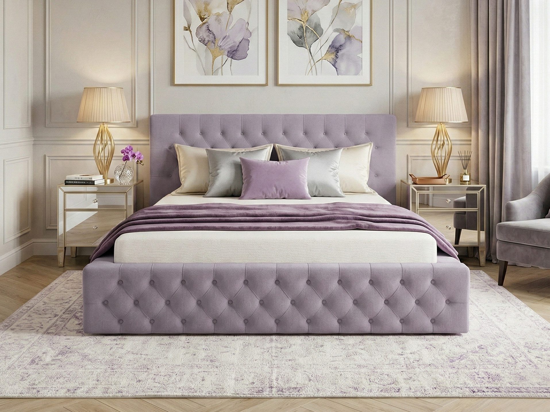 Beautysofa Polsterbett BALI 180x200 mit Bettkasten (Komfortables, gepolstertes Kopfteil mit dekorativer Steppung, Hochwertiger Veloursstoff), gedämpftes Violett