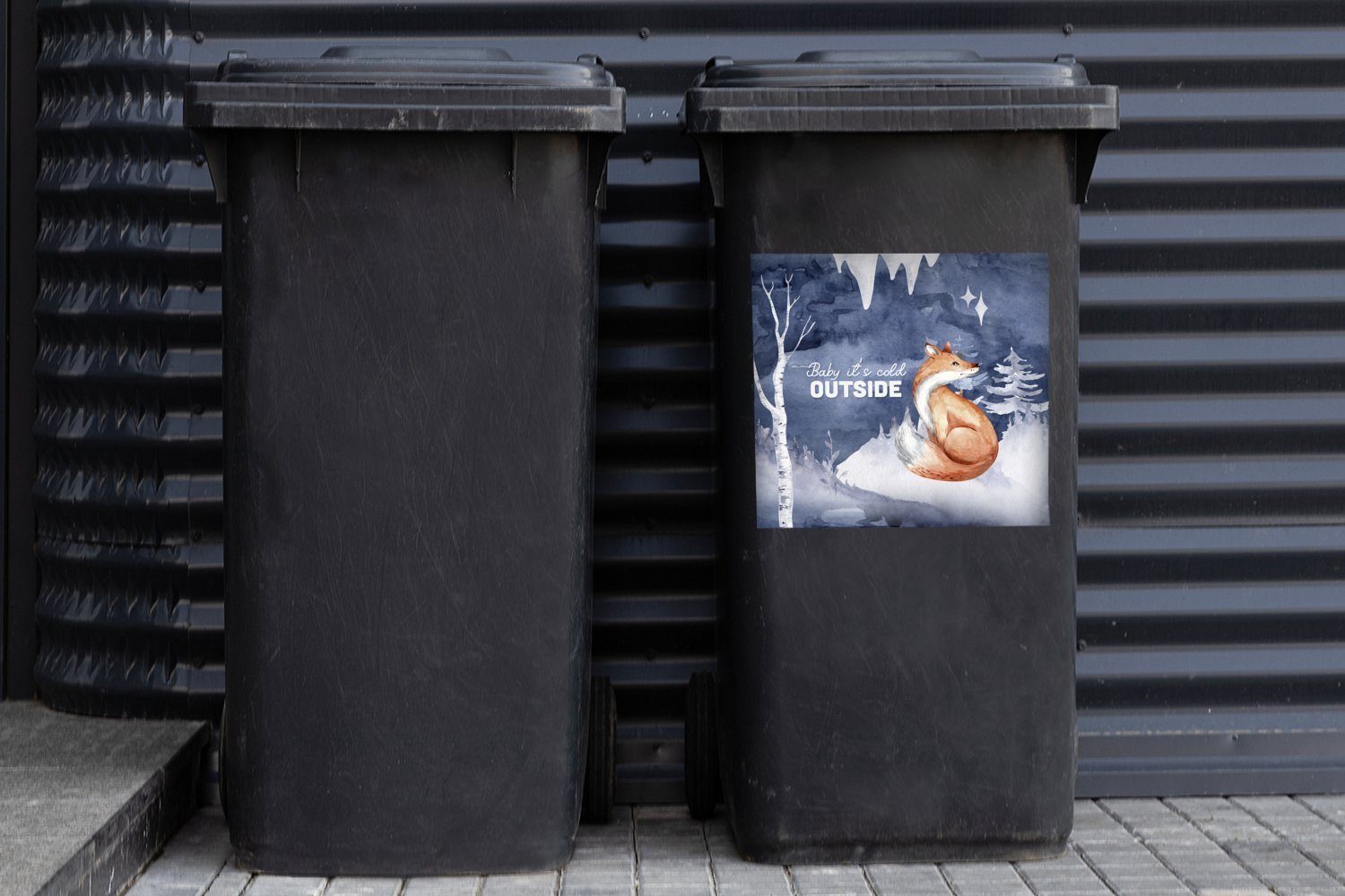 Container, - Winter Sticker, Mülltonne, - MuchoWow Abfalbehälter Mülleimer-aufkleber, Fuchs Gemälde (1 St), Wandsticker