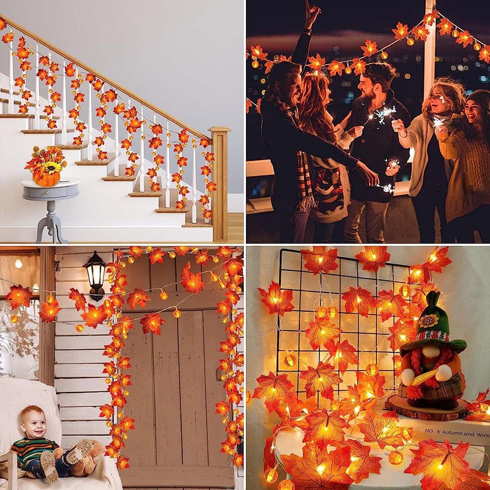 MUPOO LED-Lichterkette LED Nachtlicht Halloween Deko, 1.5/3/6m, 10/20/40LEDs, Batterie, Warmweiß, LED Dekolicht, Ahornblatt Kürbis Girlande,für Thanksgiving – Bild 5 von 5
