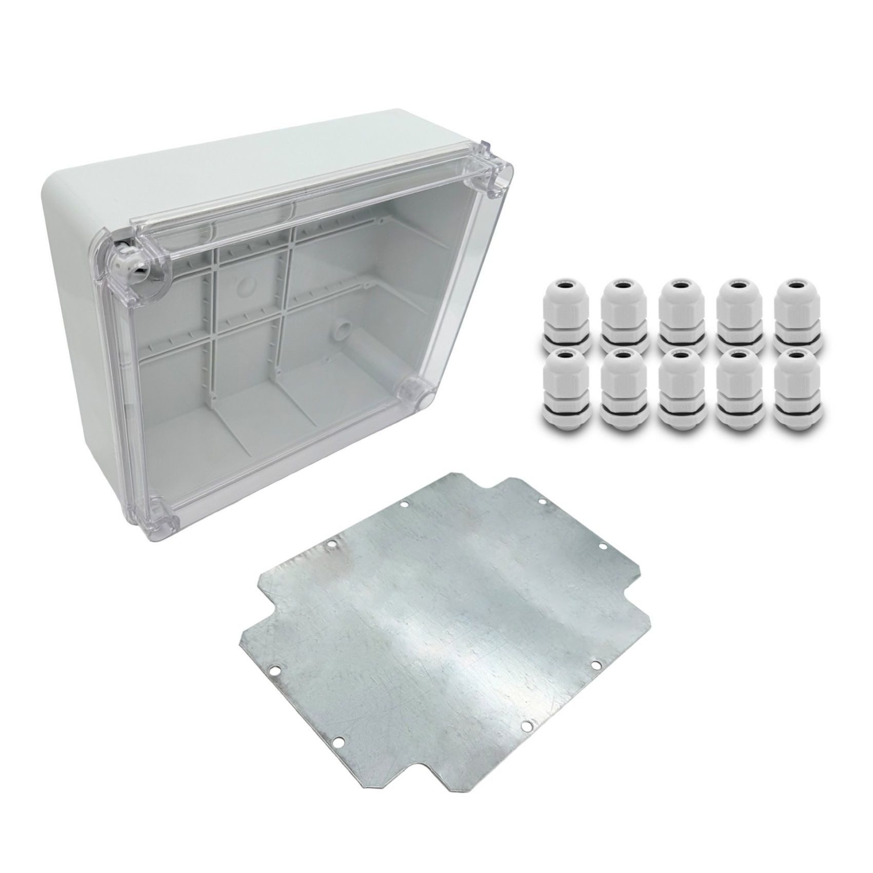 ARLI Verteilerbox Abzweigdose IP67 Sichttür Aufputz 250 x 200 x 90 mm + Montageplatte, nach Auswahl: Kabelverschraubung M12 M16 M20 M25