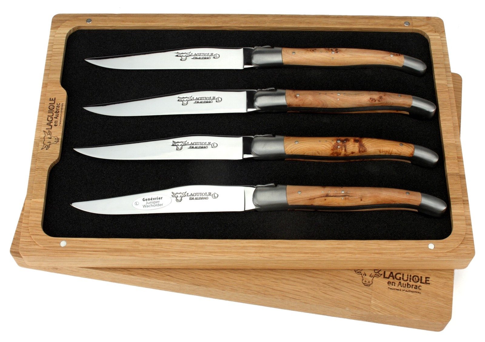 Laguiole en Aubrac Steakmesser 42C99GEIH 4er Set - Griff Wacholder - Backen matt - Klinge glänzend - Holzbox