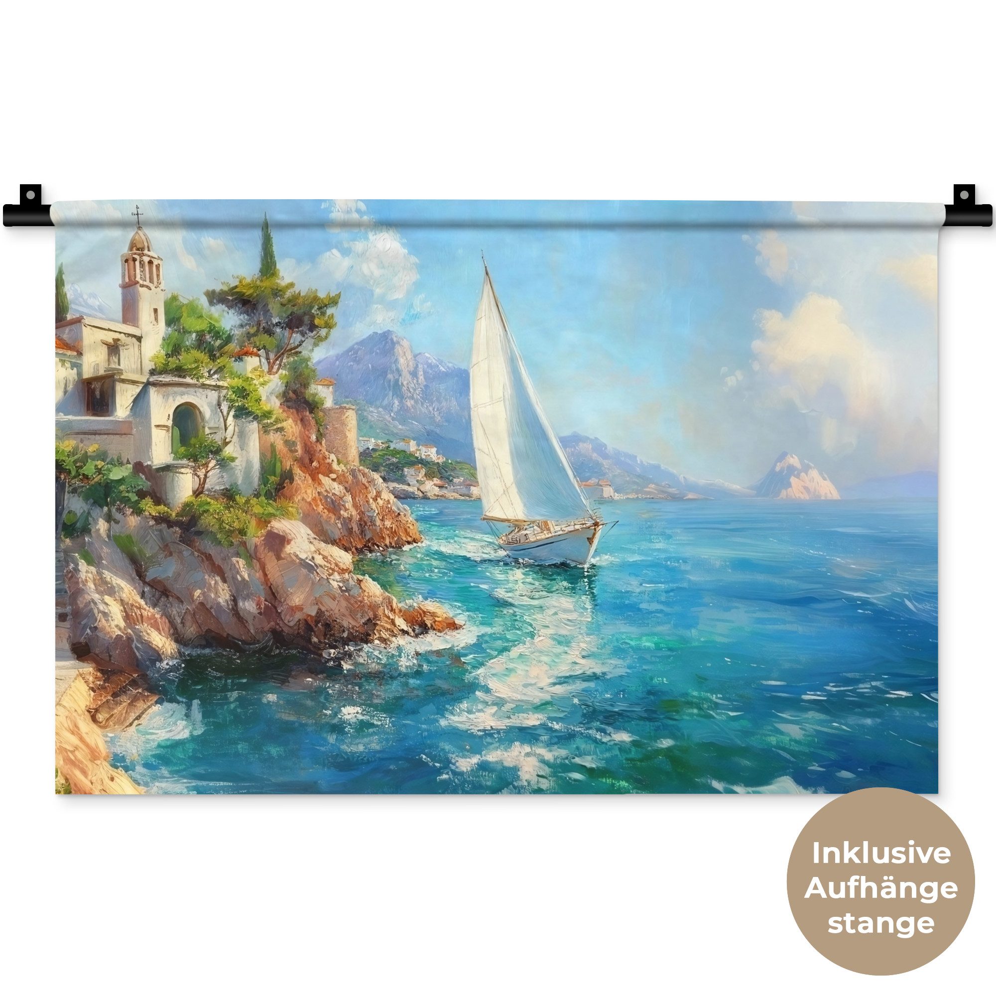 MuchoWow Wandteppich Segelboot - Felsen - Küste - Häuser, Rechteckig, Höhe: 3 mm, Wandteppich für Wohnzimmer, Schlafzimmer, 60x40 cm