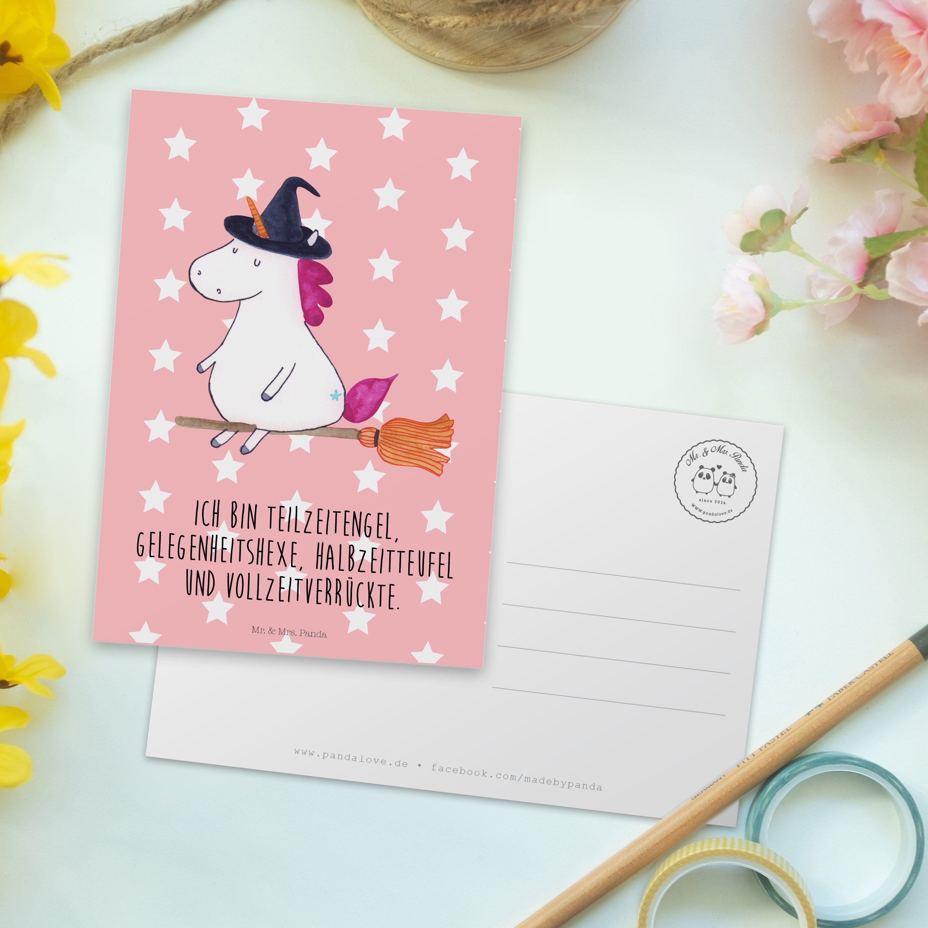 Pastell Mrs. Postkarte Hexe - - Panda & Geschenk, Einhorn Pegasus, Einhör Mr. Geschenkkarte, Rot