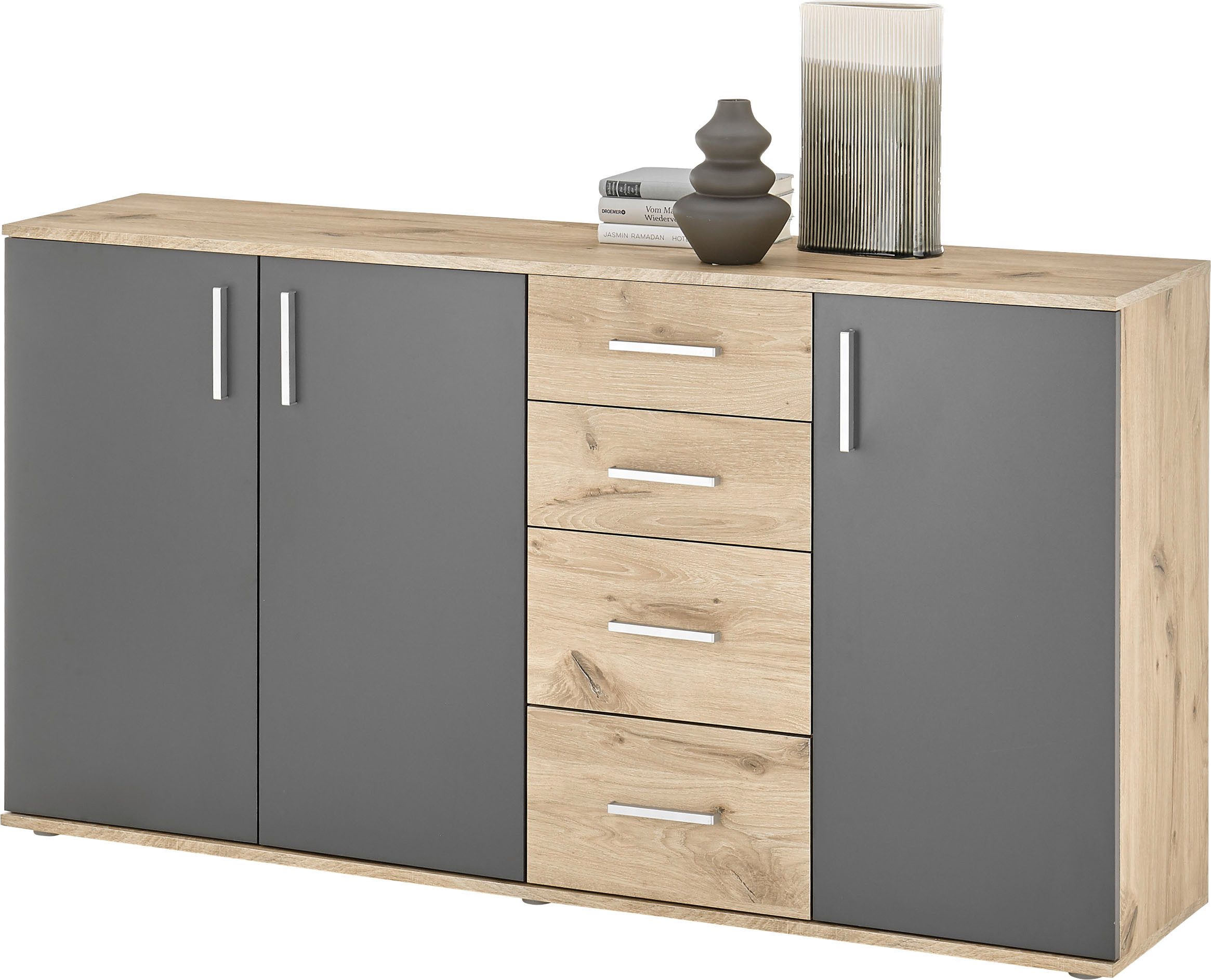 HBZ Kommode BC-Drift-2, Sideboard Stellmaß BxHxT 160x84x35 cm (1 St), Sideboard mit 3 Türen und 4 Schubkästen, 2 Einlegeböden