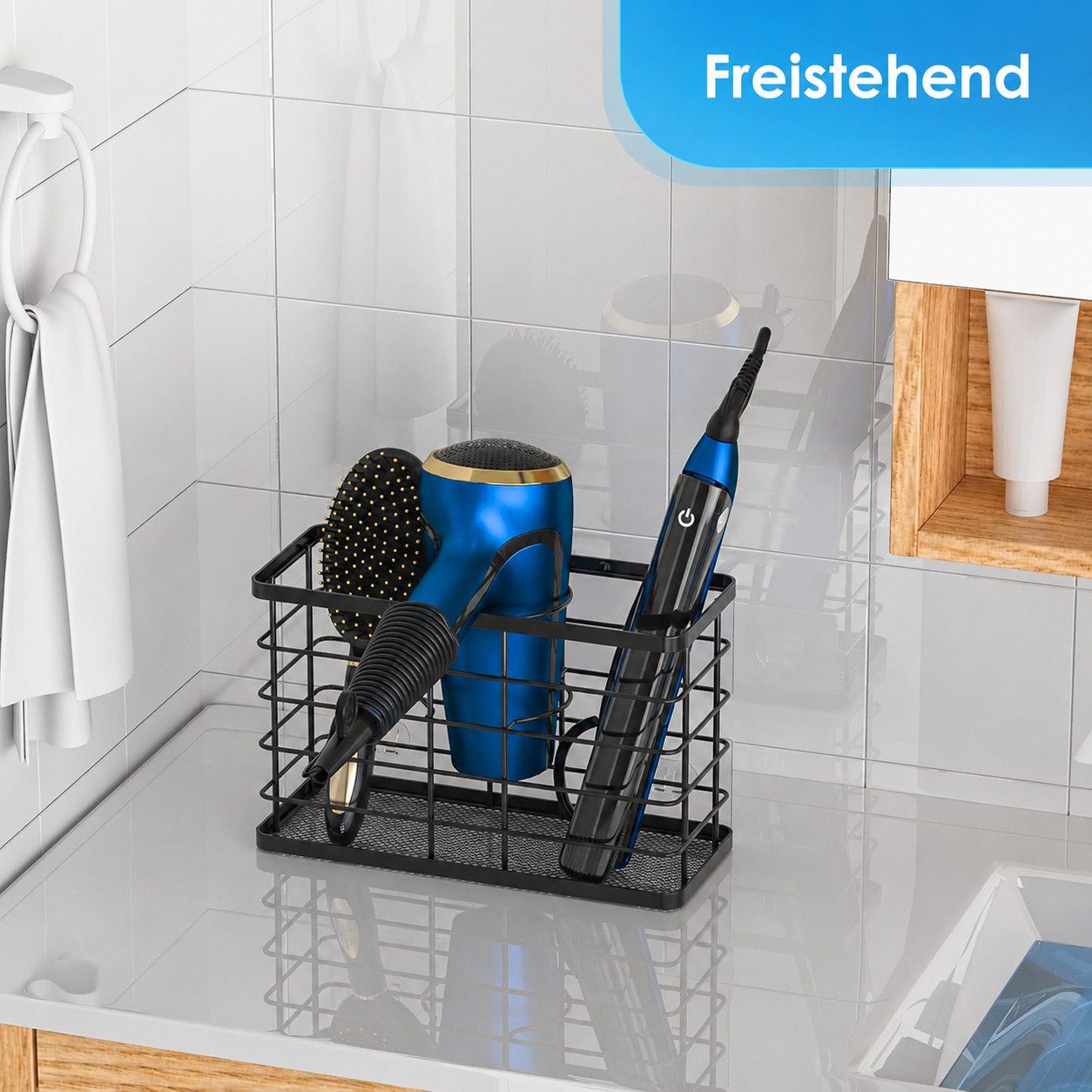 SURFOU Haartrocknerhalter 3-in-1 Föhnhalter ohne Bohren für Wand- & Türmontage, (Schwarz, rostfrei, für Glätteisen, Lockenstab & Zubehör)