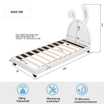 WISHDOR Polsterbett Kinderbett Jugendbett mit Lattenrosten und Rückenlehne (Weiß (Matratze nicht enthaltet), Mädchenbett in Hasenohrform